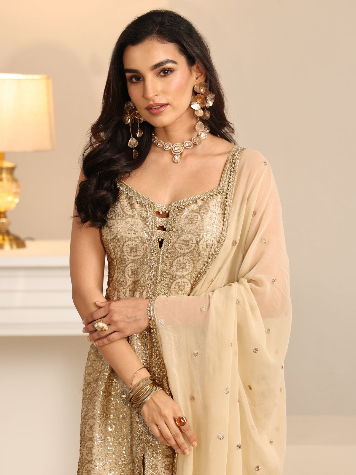 Anouk Art Off White Embellished Strappy Tissue Palazzo Suit Set