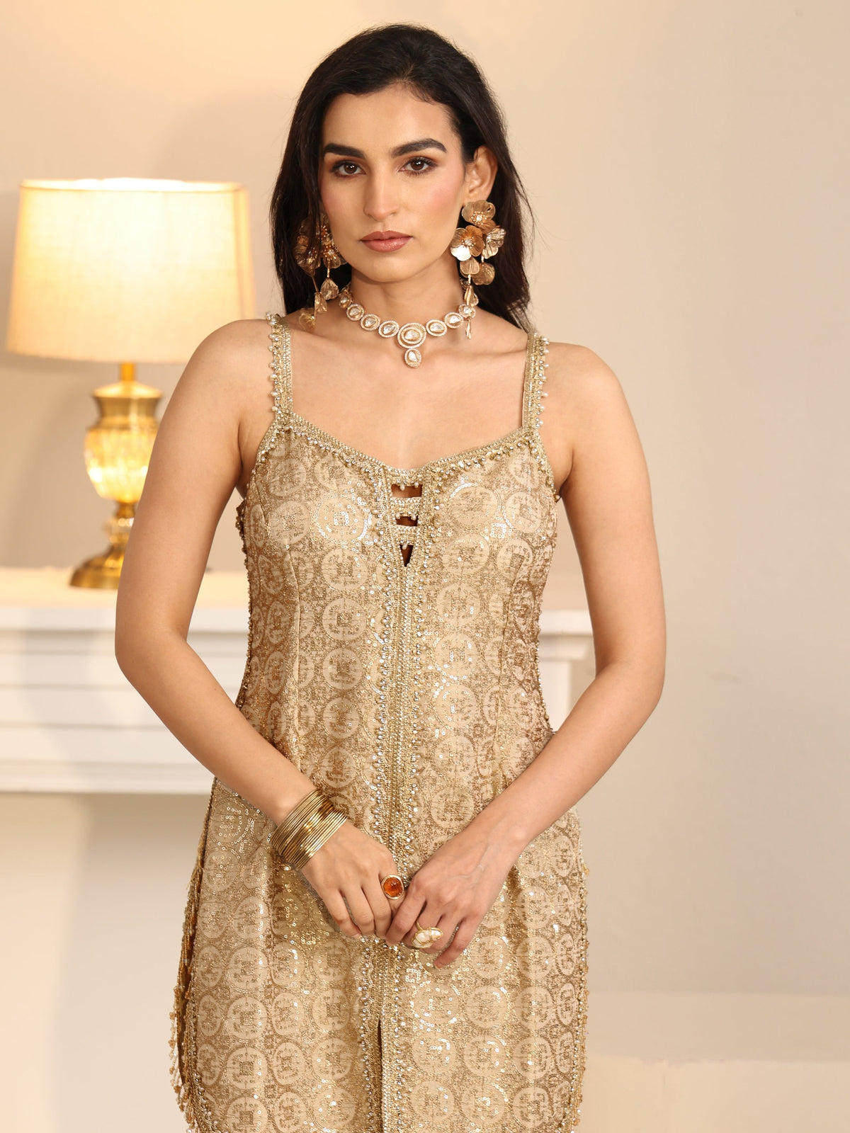 Anouk Art Off White Embellished Strappy Tissue Palazzo Suit Set