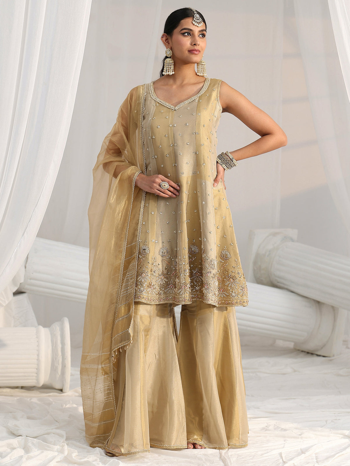 Anouk Art Golden Floral Embellished Sleeveless Tissue Sharara Suit Set
