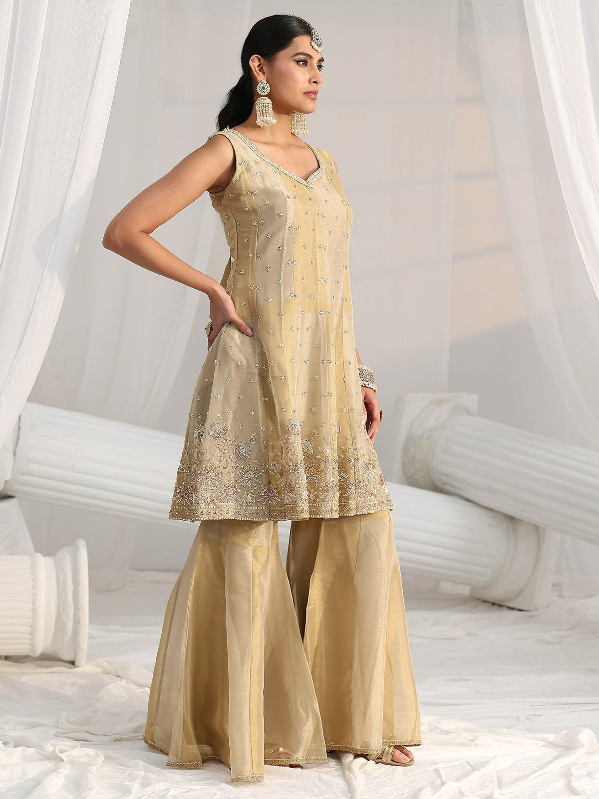 Anouk Art Golden Floral Embellished Sleeveless Tissue Sharara Suit Set