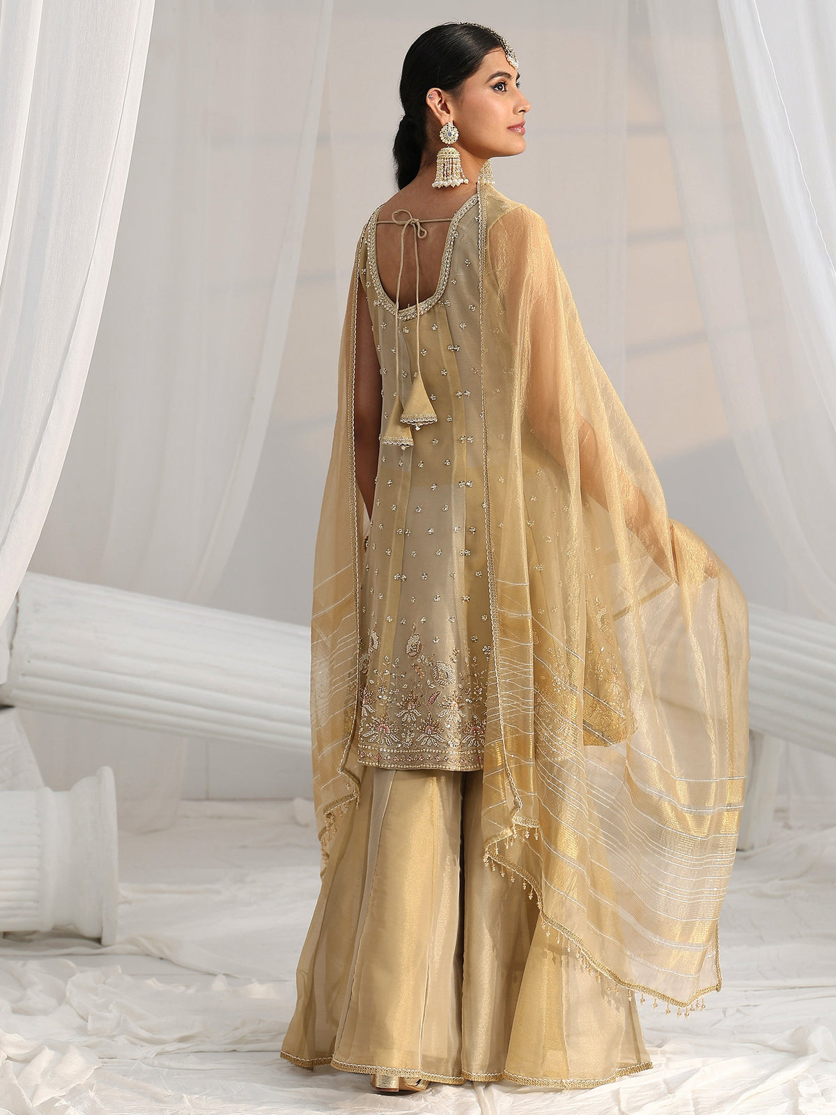 Anouk Art Golden Floral Embellished Sleeveless Tissue Sharara Suit Set