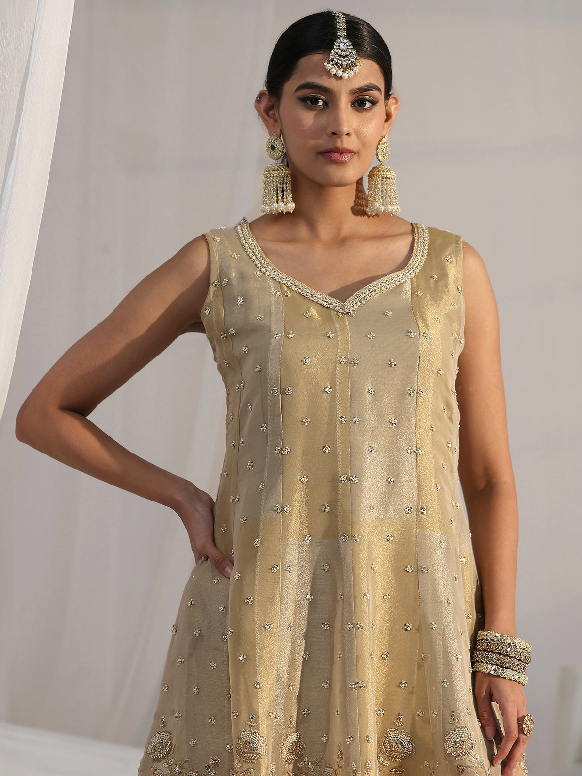 Anouk Art Golden Floral Embellished Sleeveless Tissue Sharara Suit Set