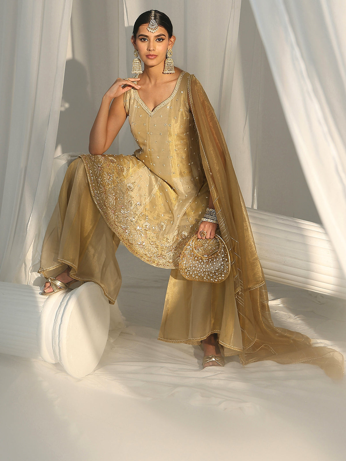 Anouk Art Golden Floral Embellished Sleeveless Tissue Sharara Suit Set