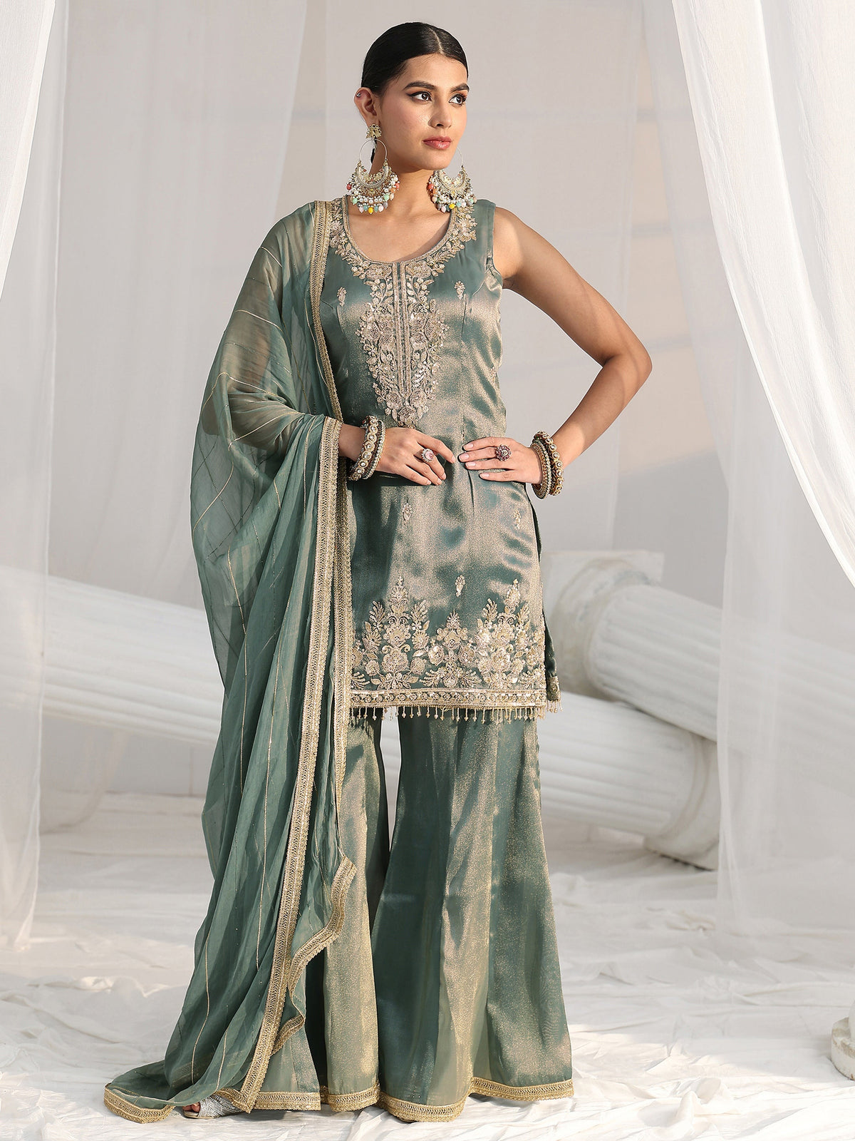 Anouk Art Blue Floral Embellished Sleeveless Tissue Sharara Suit Set
