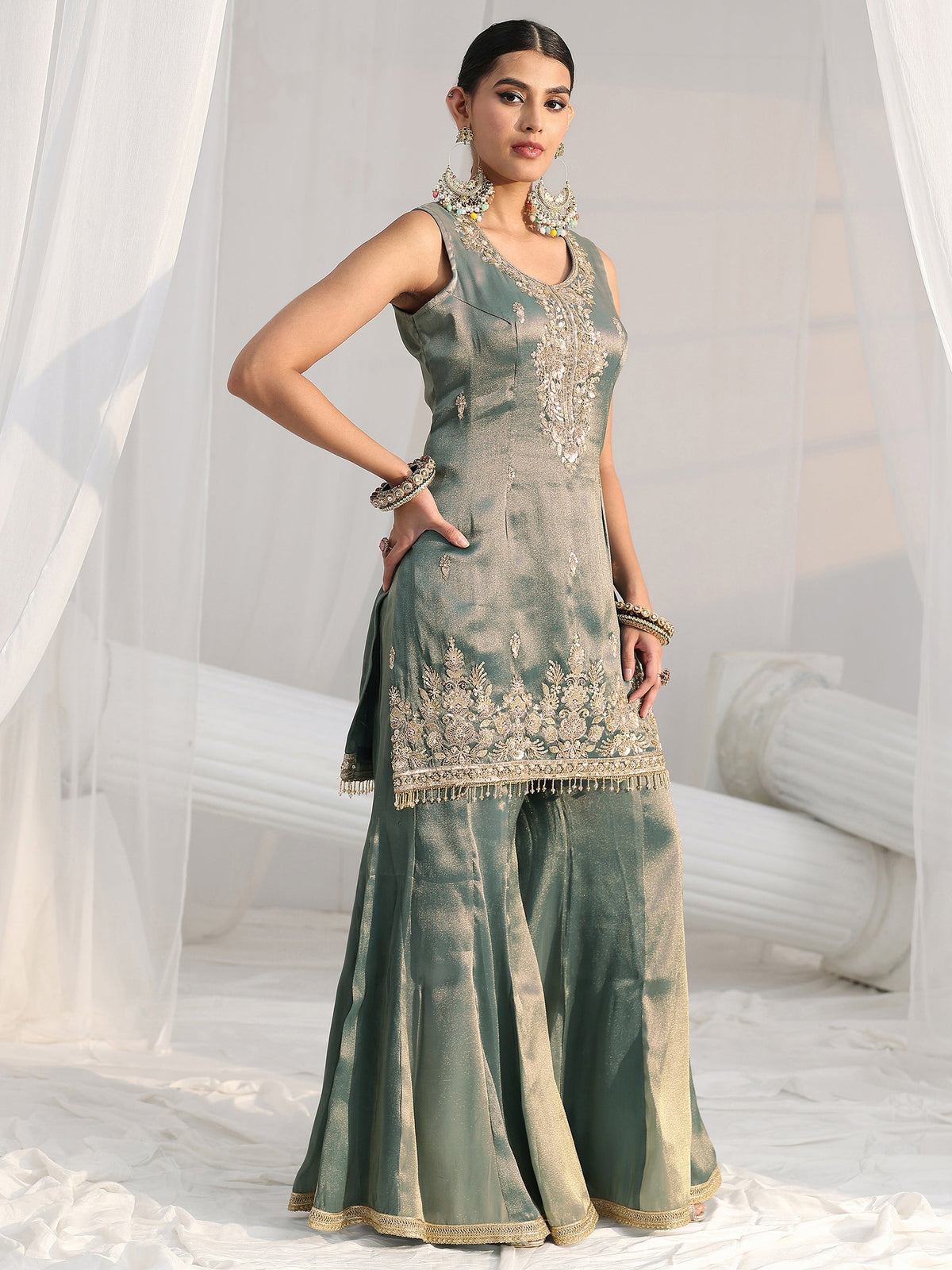 Anouk Art Blue Floral Embellished Sleeveless Tissue Sharara Suit Set