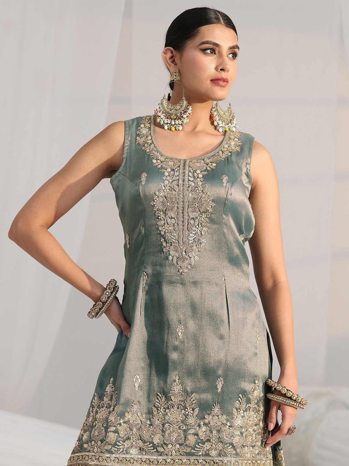 Anouk Art Blue Floral Embellished Sleeveless Tissue Sharara Suit Set