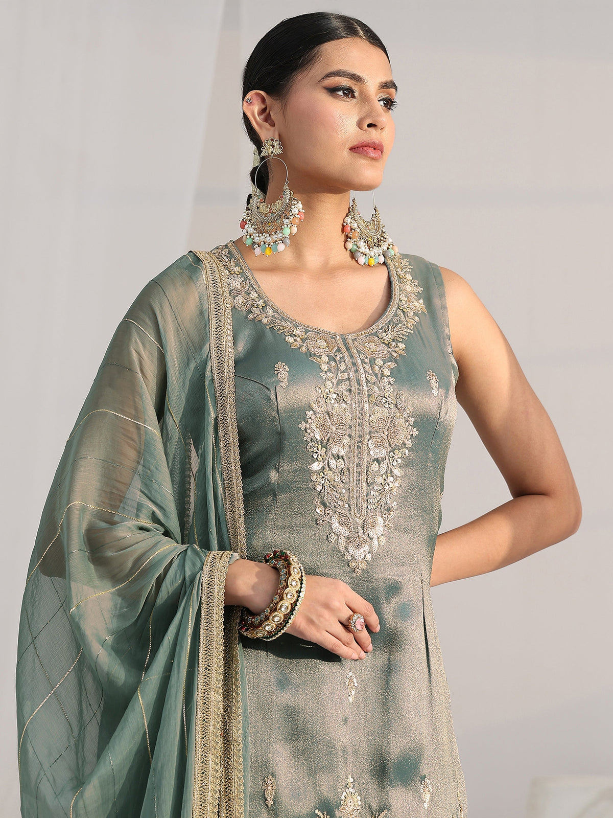 Anouk Art Blue Floral Embellished Sleeveless Tissue Sharara Suit Set