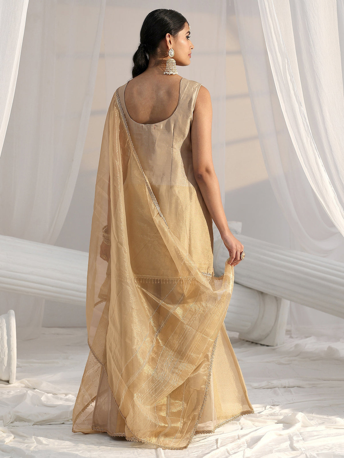 Anouk Art Golden Floral Embellished Sleeveless Tissue Sharara Suit Set