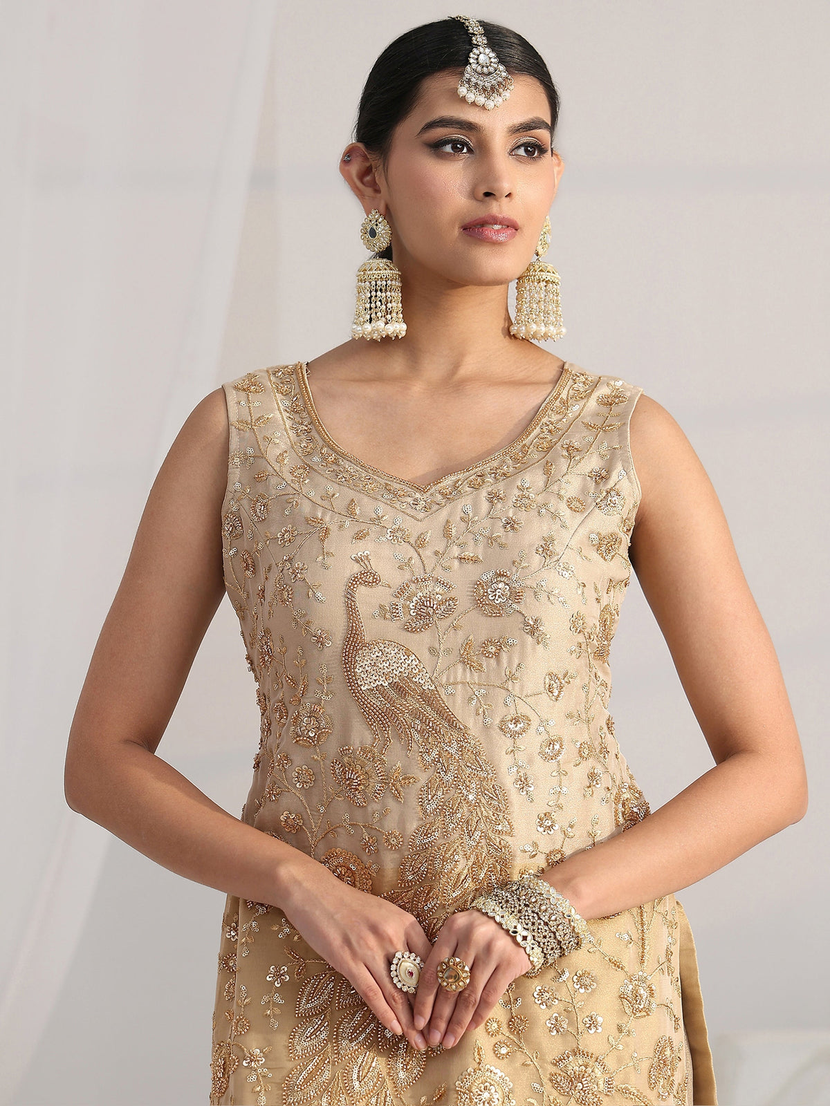 Anouk Art Golden Floral Embellished Sleeveless Tissue Sharara Suit Set