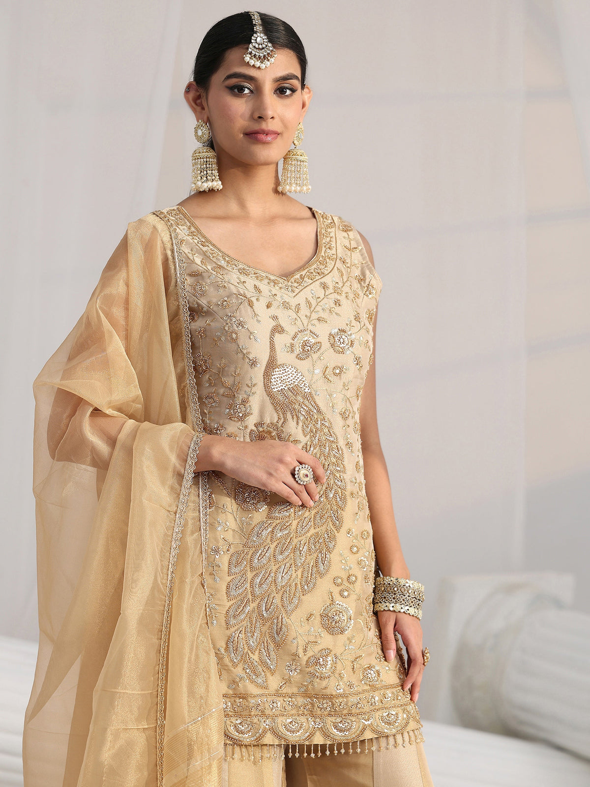 Anouk Art Golden Floral Embellished Sleeveless Tissue Sharara Suit Set