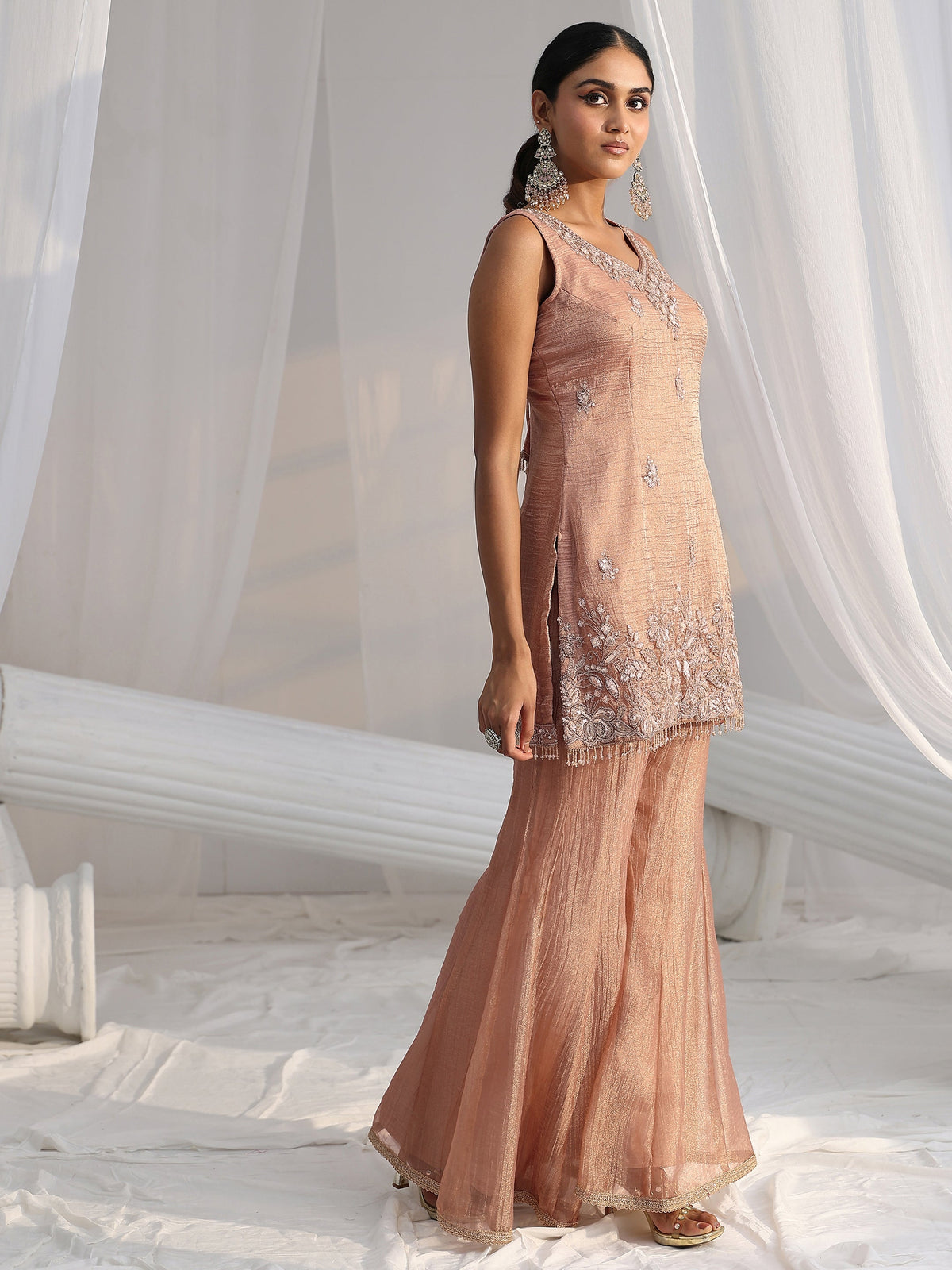 Anouk Art Peach Floral Embellished Sleeveless Tissue Sharara Suit Set