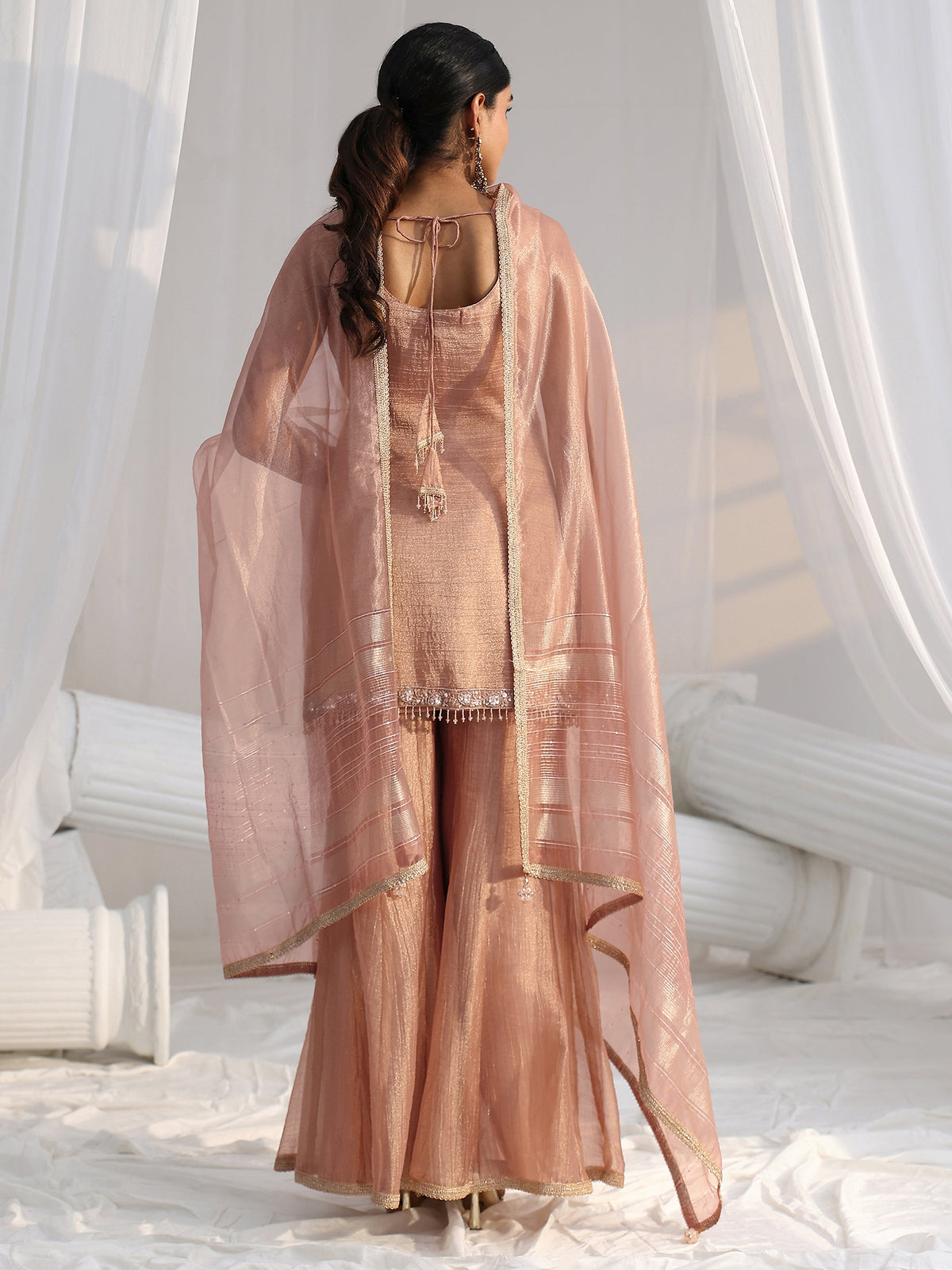 Anouk Art Peach Floral Embellished Sleeveless Tissue Sharara Suit Set