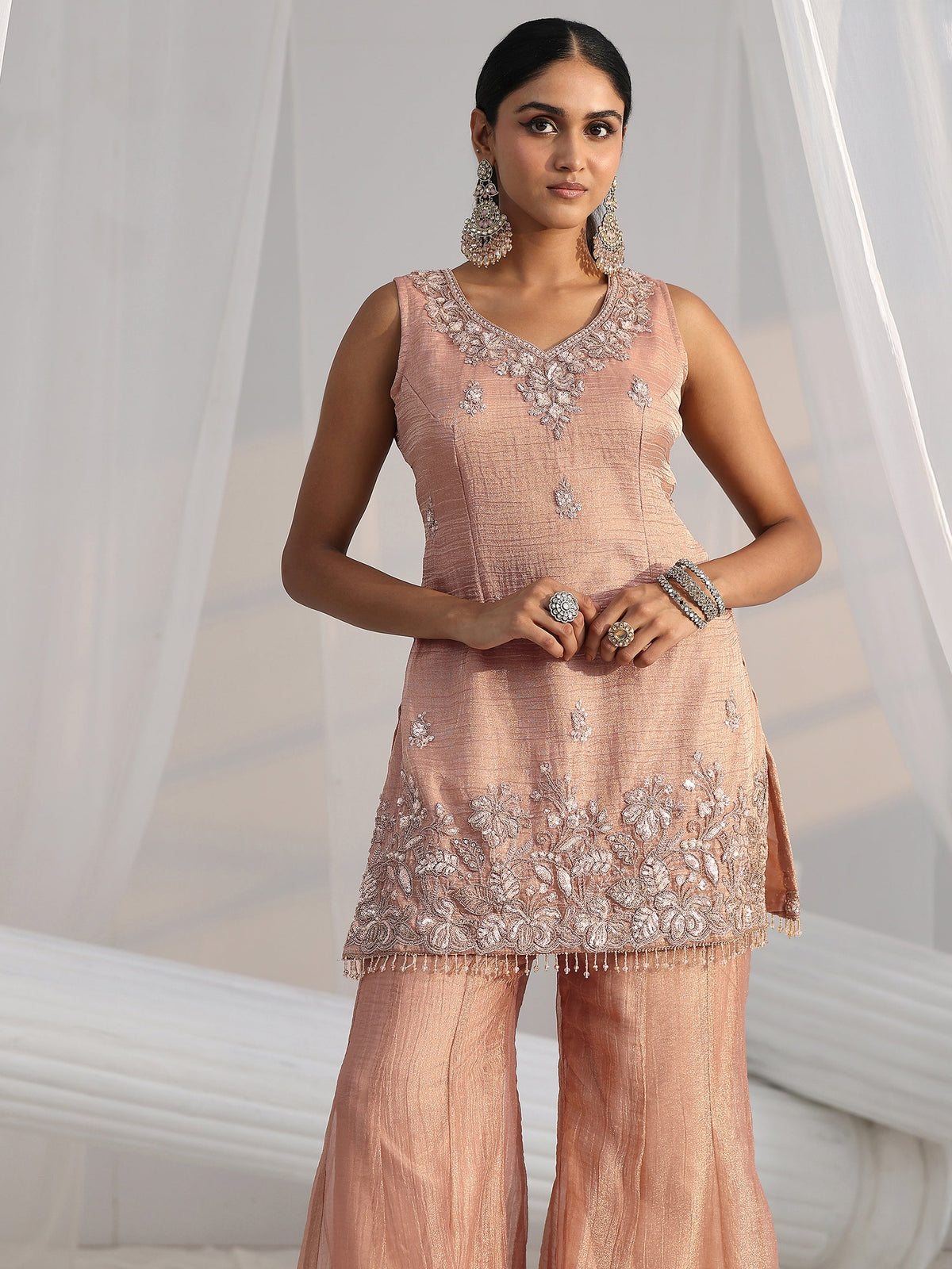 Anouk Art Peach Floral Embellished Sleeveless Tissue Sharara Suit Set