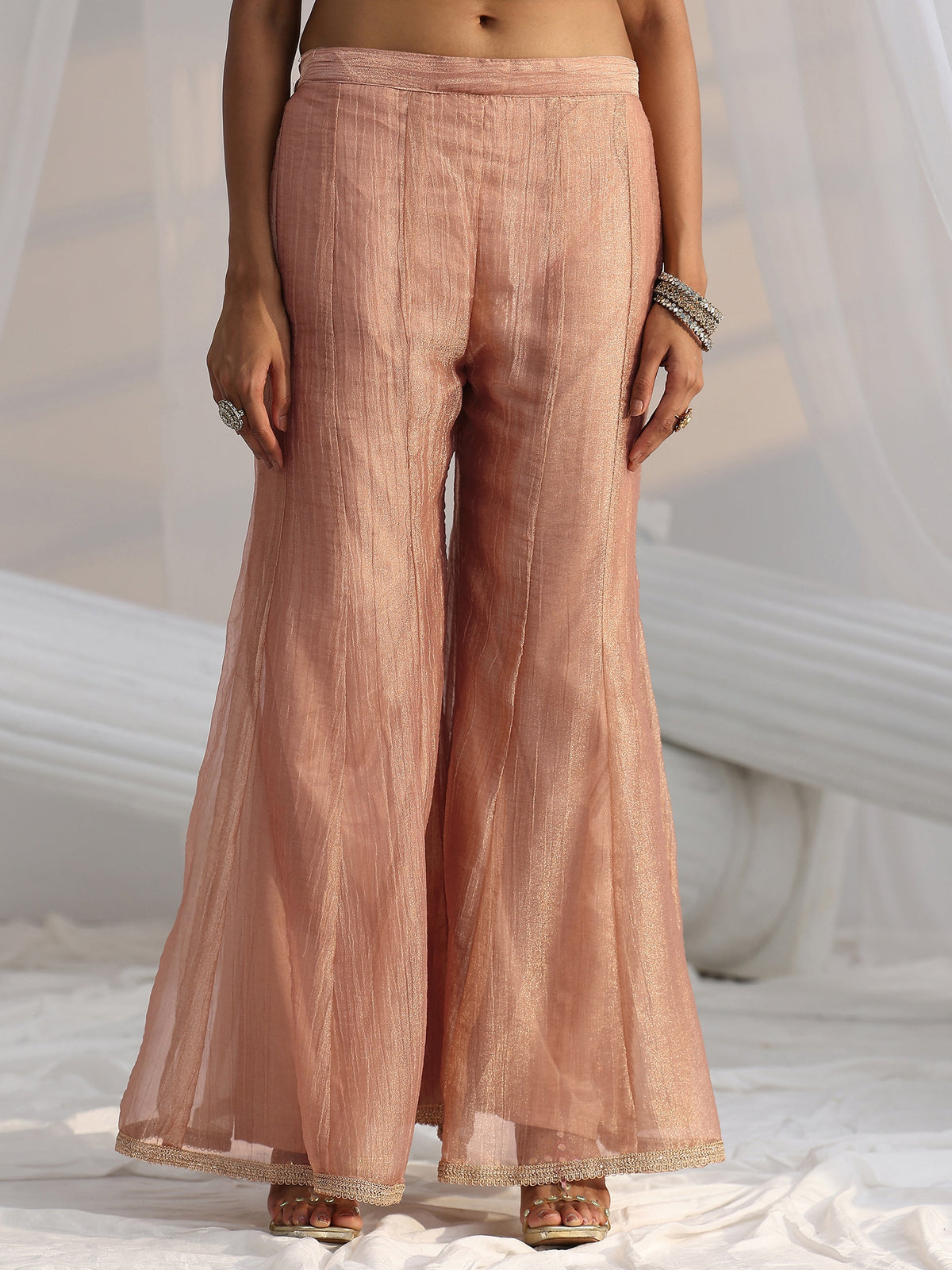 Anouk Art Peach Floral Embellished Sleeveless Tissue Sharara Suit Set