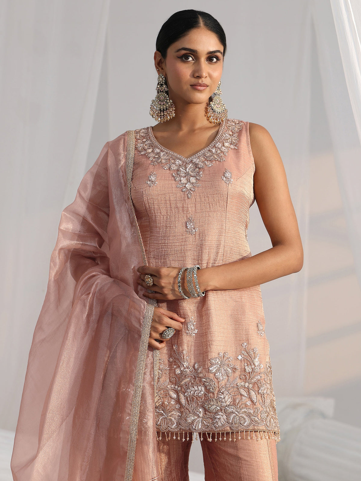 Anouk Art Peach Floral Embellished Sleeveless Tissue Sharara Suit Set