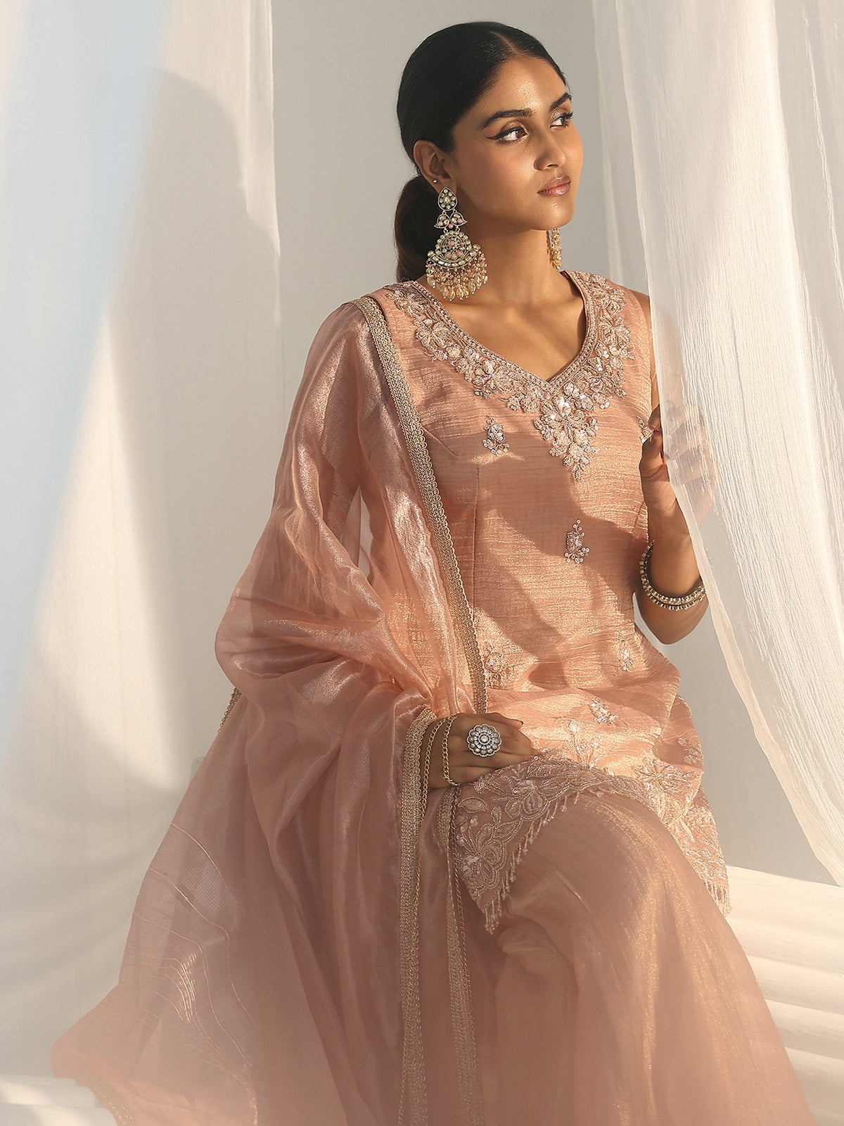 Anouk Art Peach Floral Embellished Sleeveless Tissue Sharara Suit Set