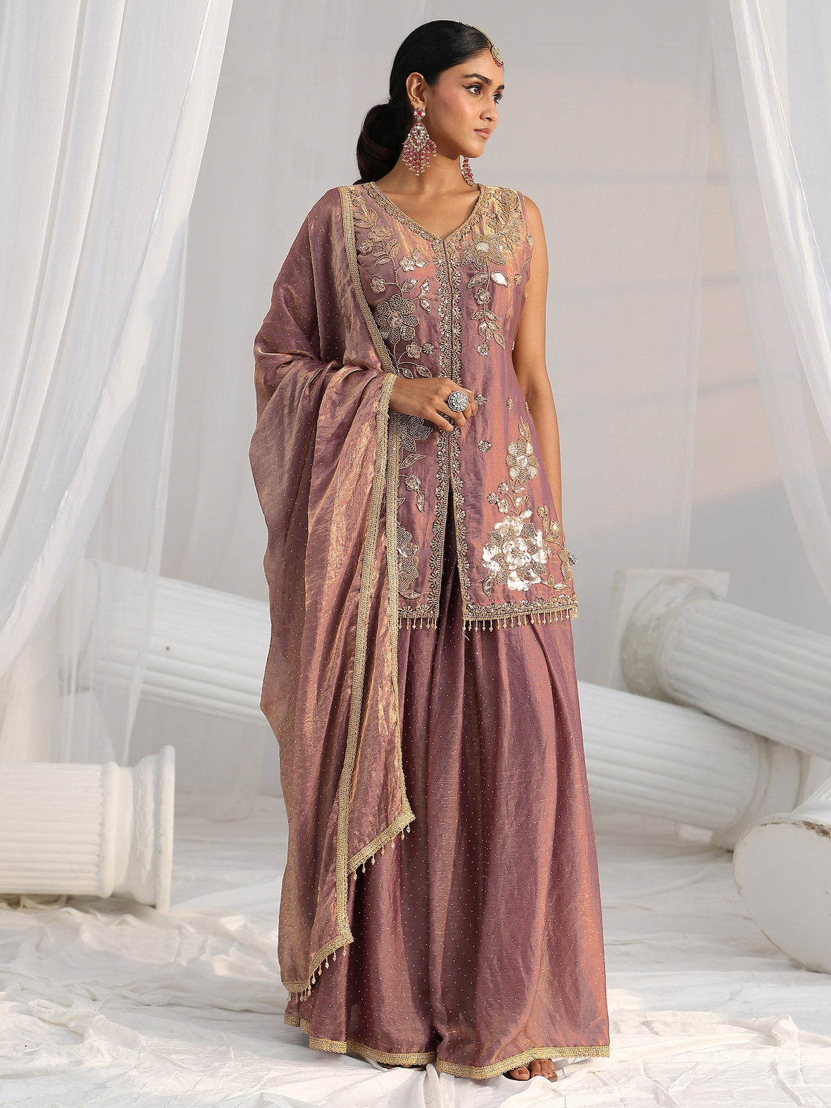 Anouk Art Mauve Embellished Sleeveless Silk Blend Palazzo Suit Set
