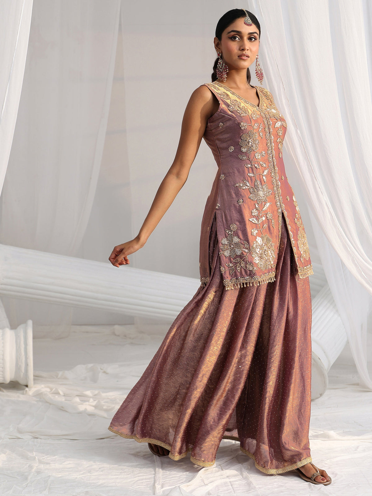 Anouk Art Mauve Embellished Sleeveless Silk Blend Palazzo Suit Set