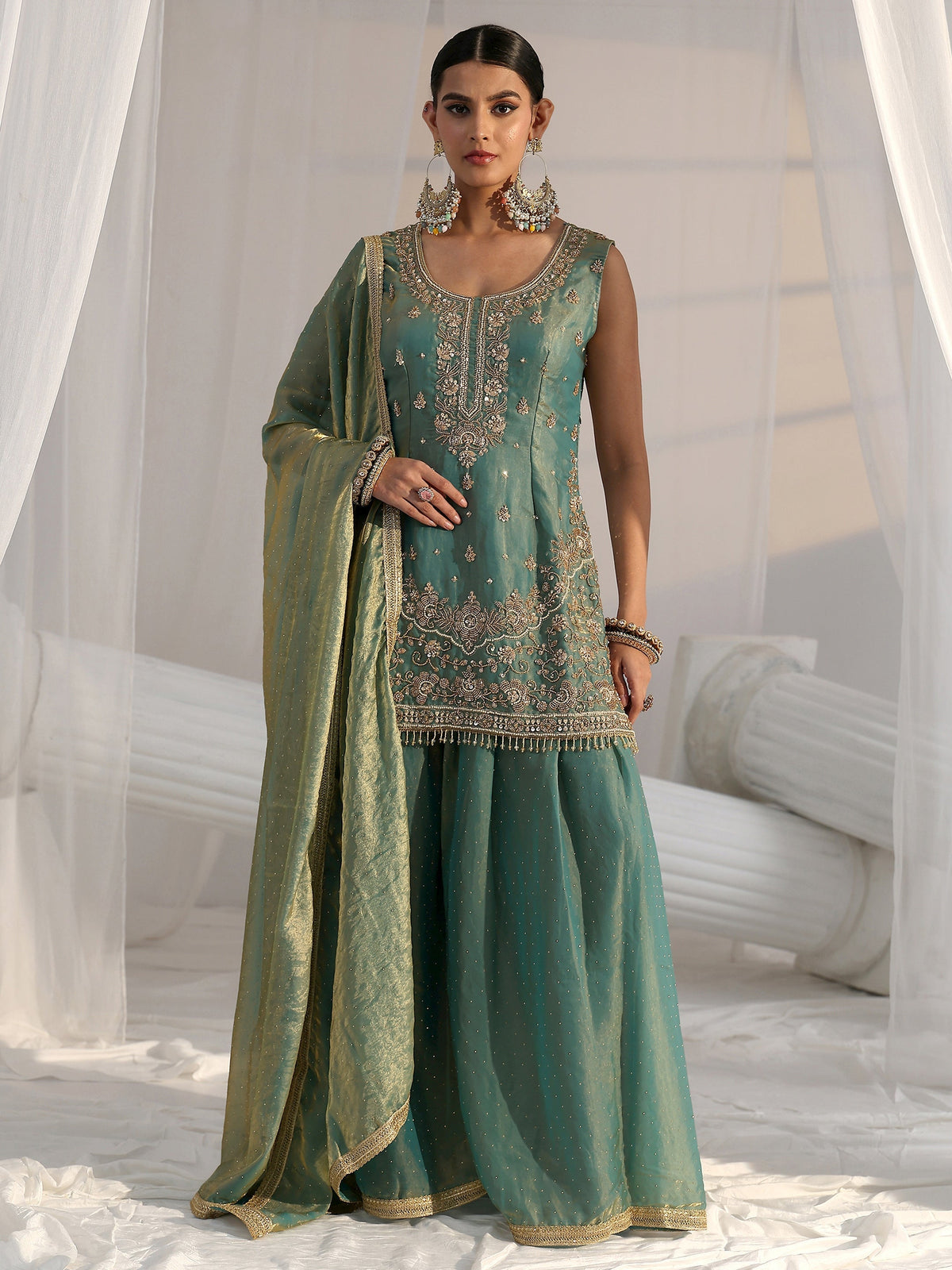 Anouk Art Blue Embellished Sleeveless Silk Blend Palazzo Suit Set