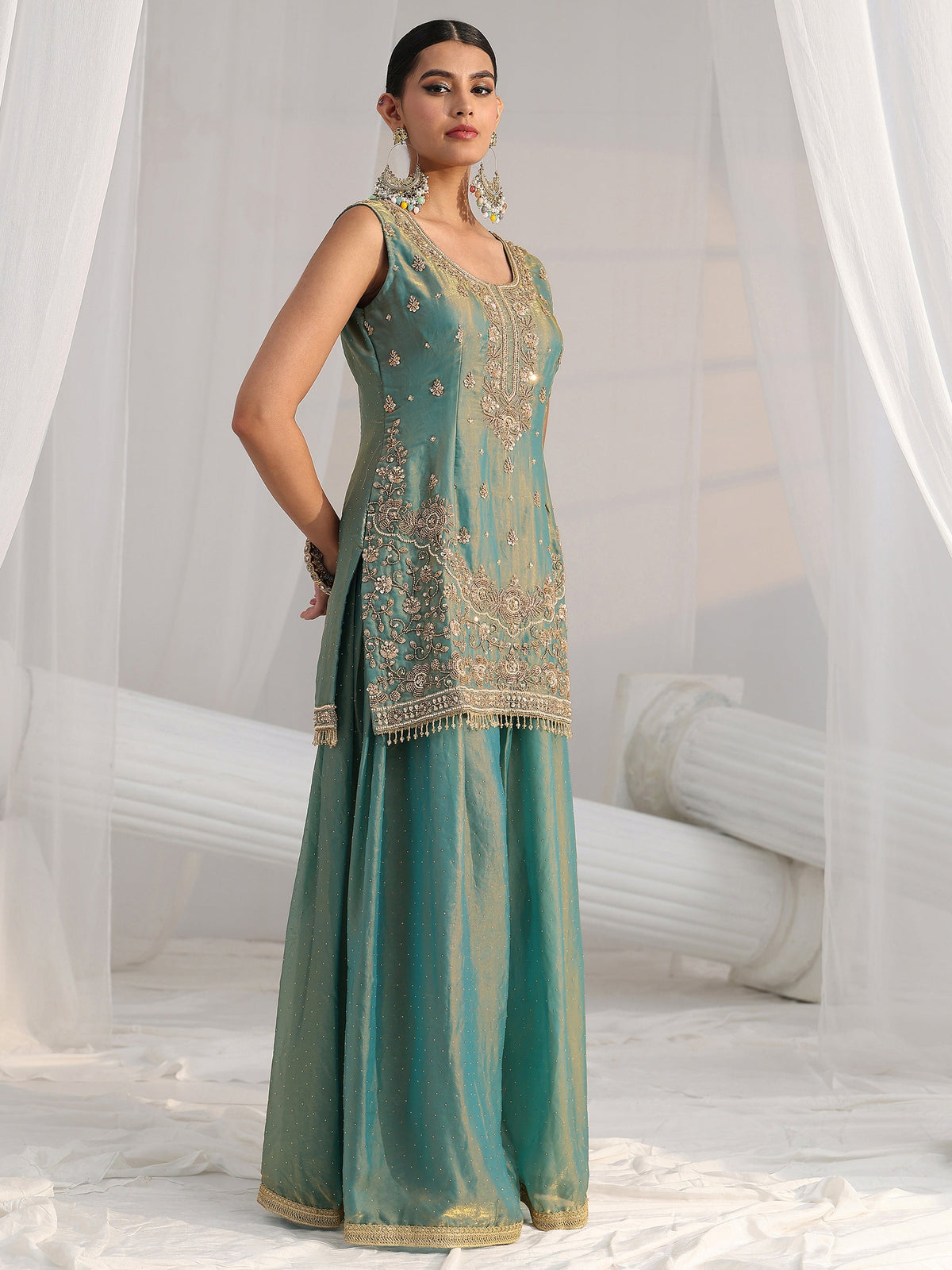 Anouk Art Blue Embellished Sleeveless Silk Blend Palazzo Suit Set