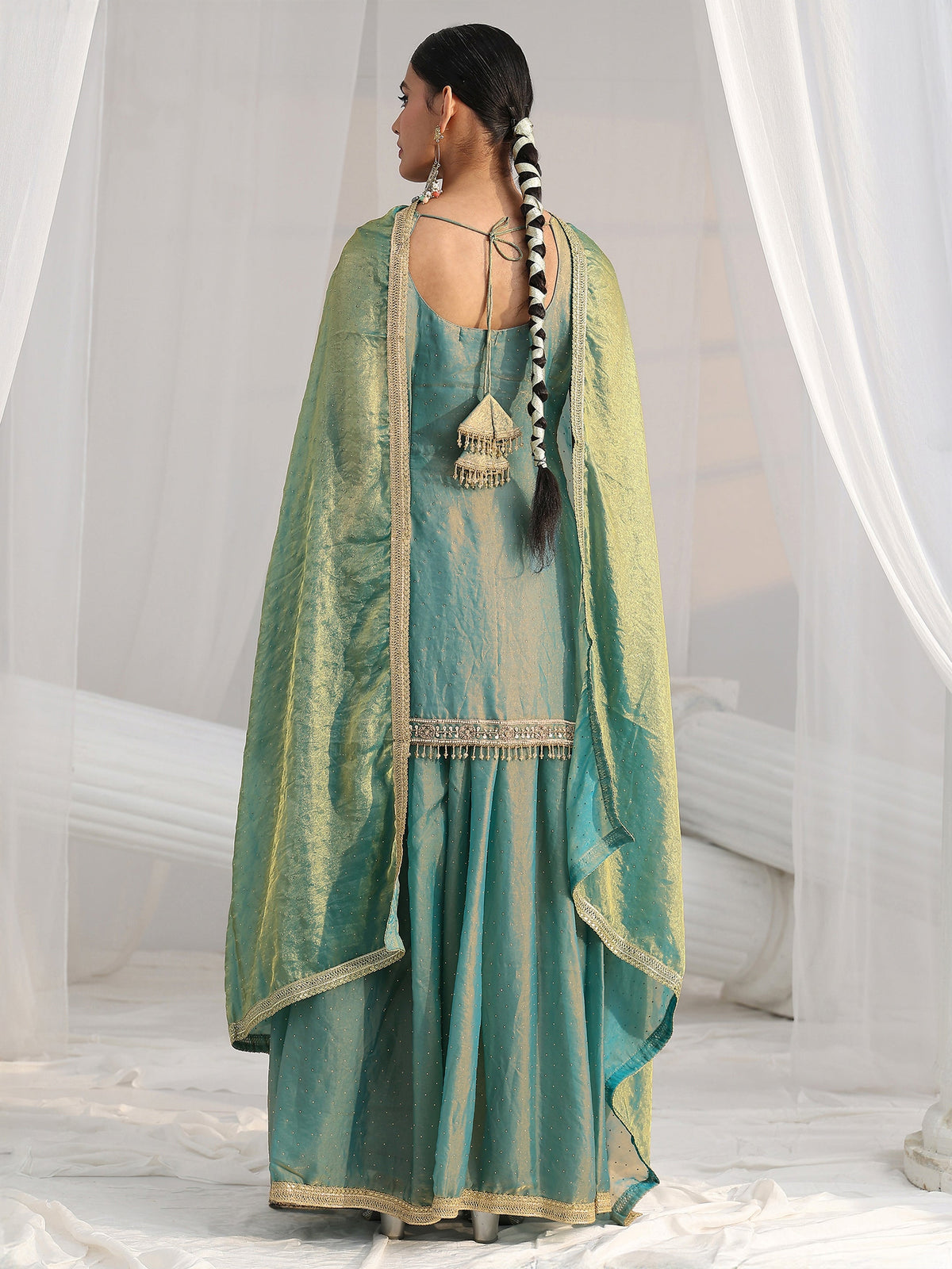 Anouk Art Blue Embellished Sleeveless Silk Blend Palazzo Suit Set