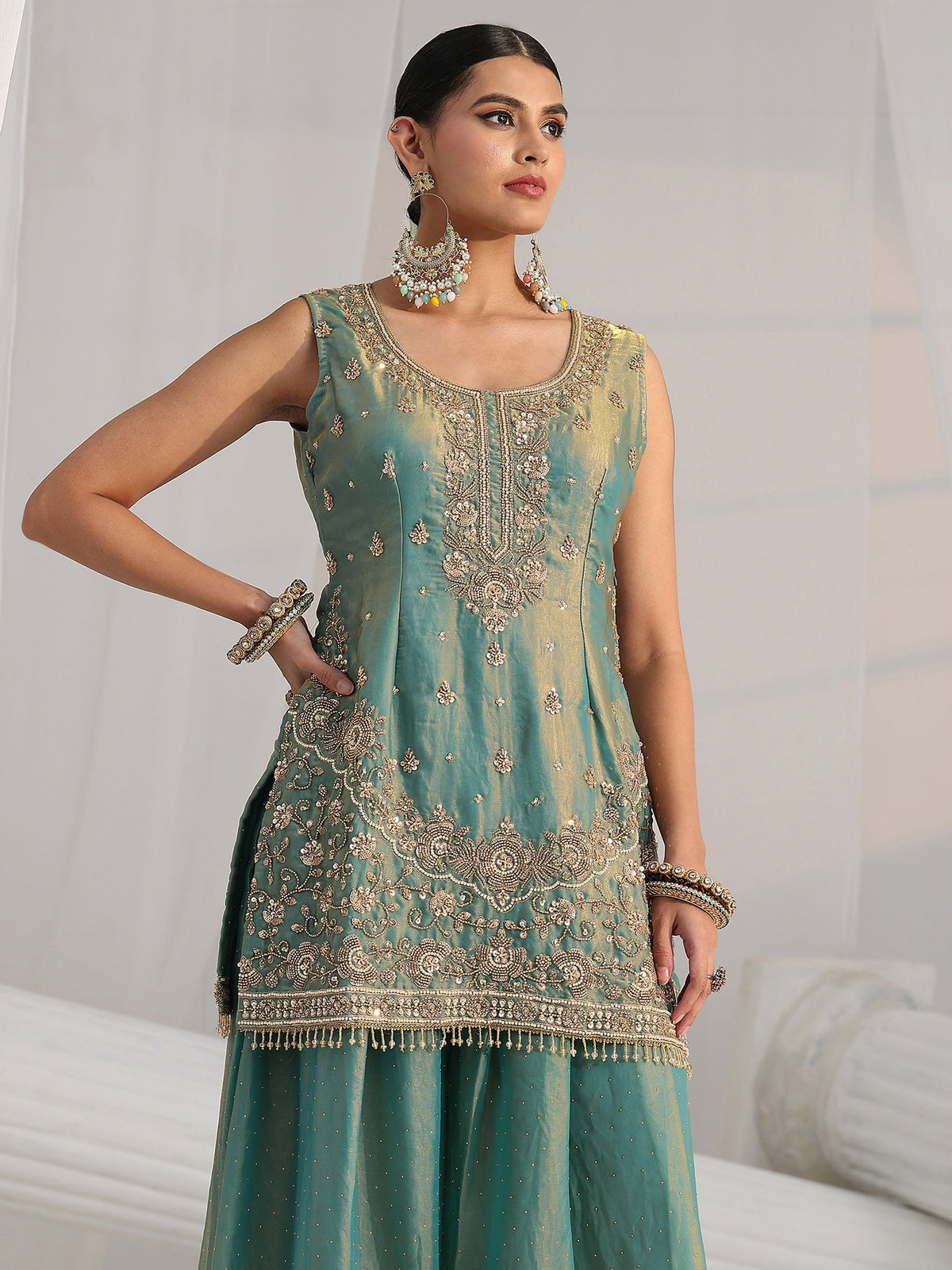 Anouk Art Blue Embellished Sleeveless Silk Blend Palazzo Suit Set