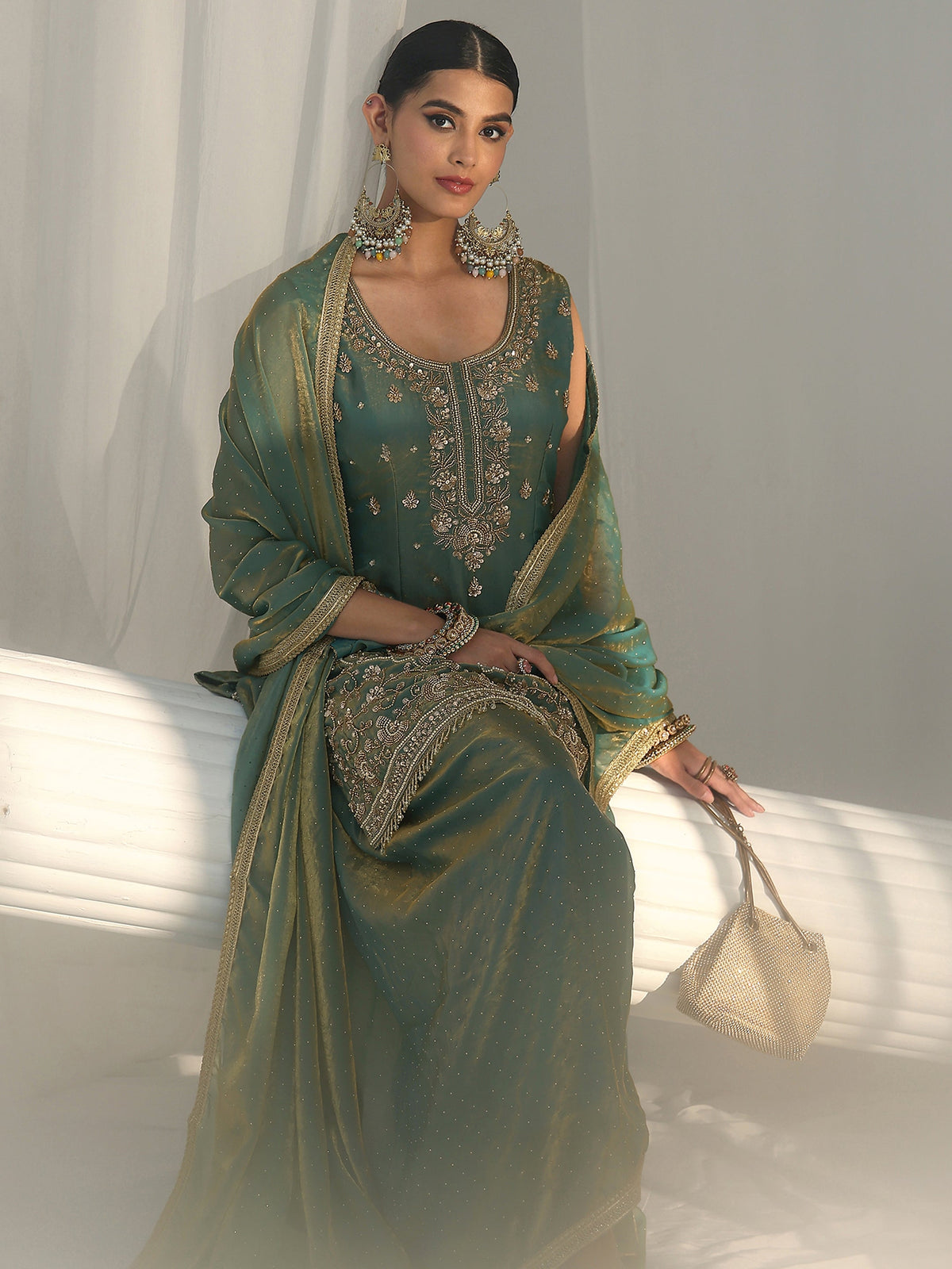 Anouk Art Blue Embellished Sleeveless Silk Blend Palazzo Suit Set