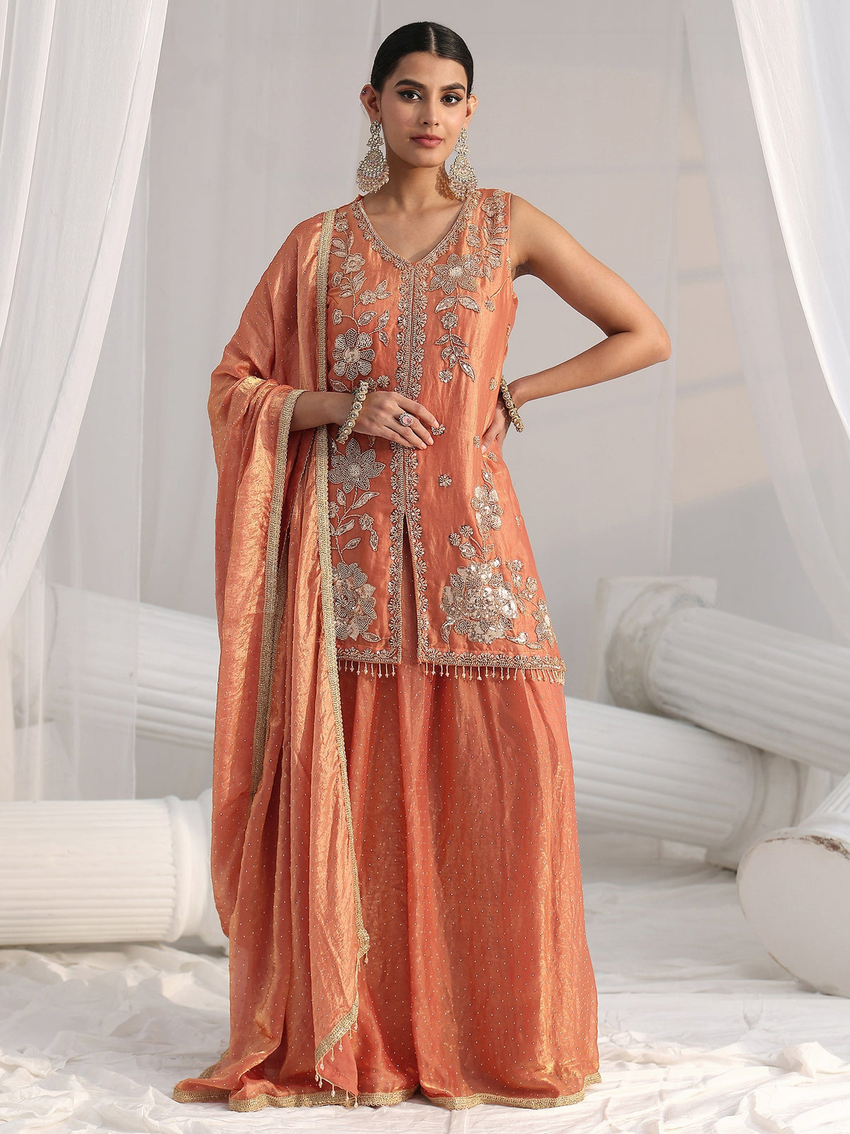 Anouk Art Orange Floral Embellished Sleeveless Silk Blend Palazzo Suit Set
