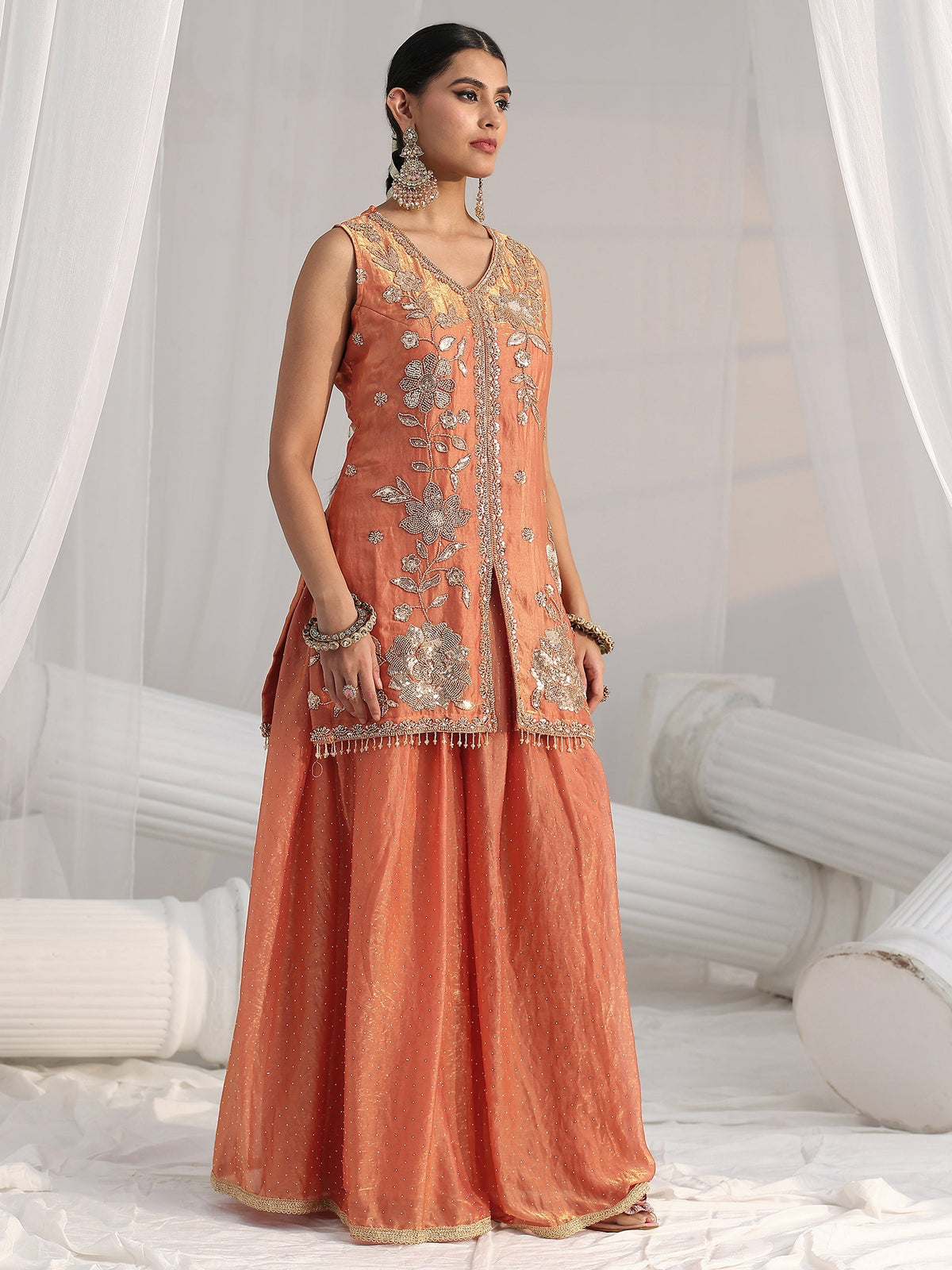 Anouk Art Orange Floral Embellished Sleeveless Silk Blend Palazzo Suit Set