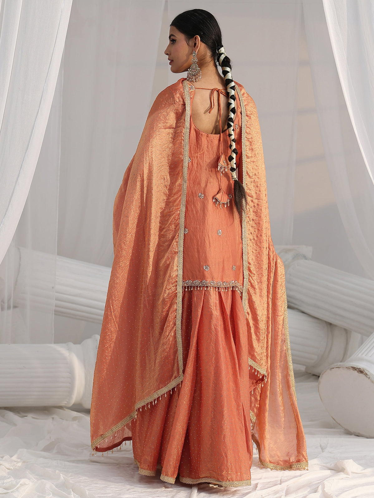 Anouk Art Orange Floral Embellished Sleeveless Silk Blend Palazzo Suit Set