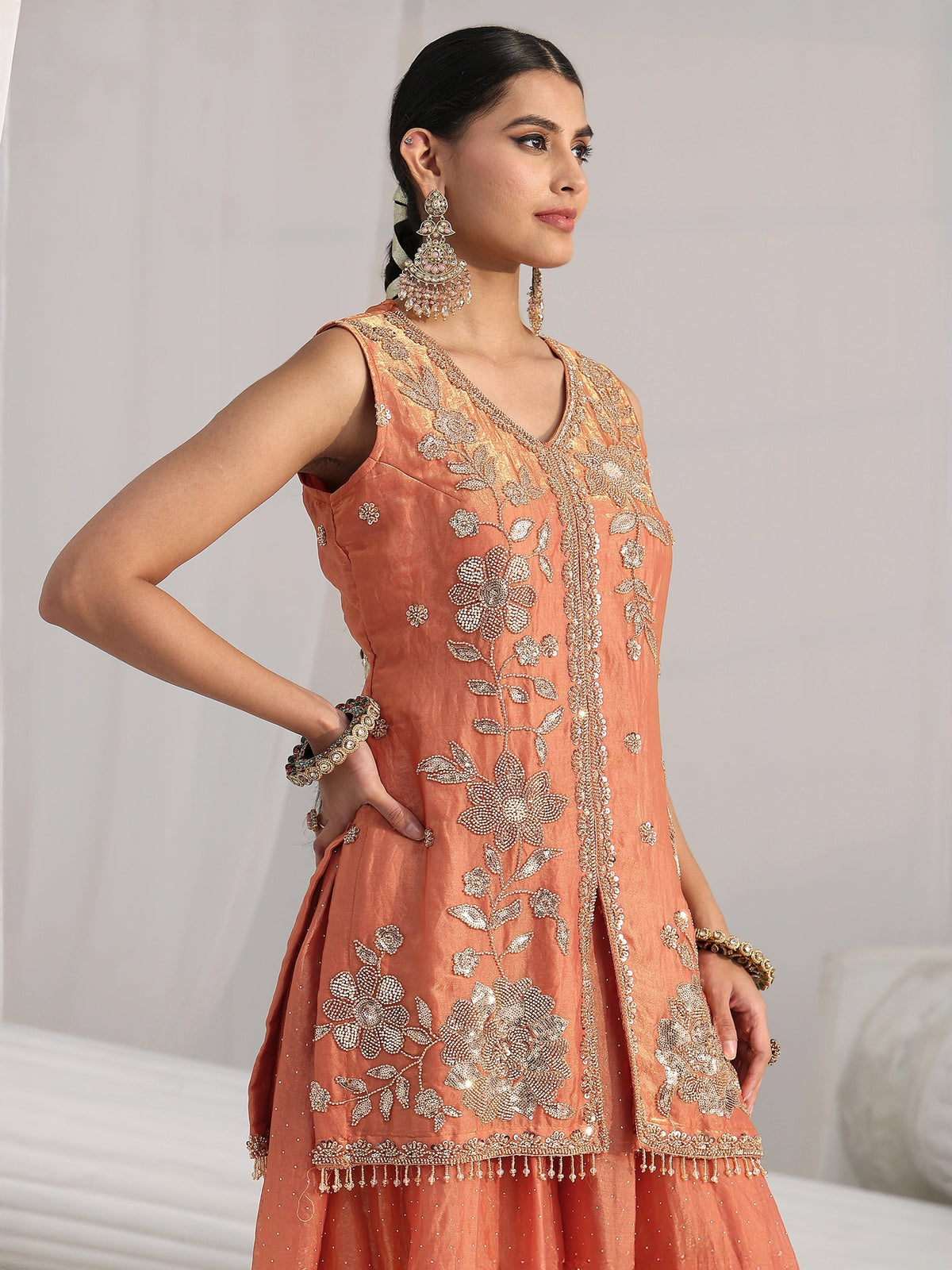 Anouk Art Orange Floral Embellished Sleeveless Silk Blend Palazzo Suit Set