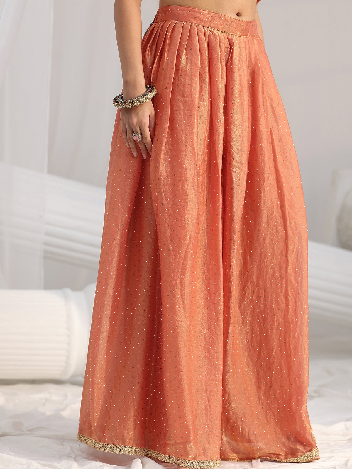 Anouk Art Orange Floral Embellished Sleeveless Silk Blend Palazzo Suit Set