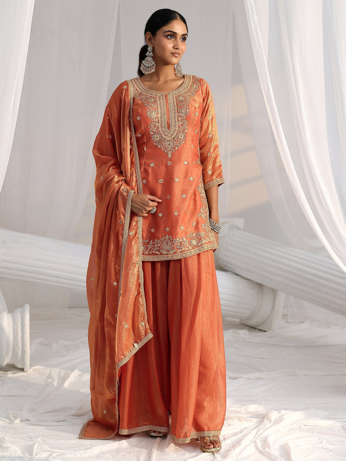 Anouk Art Orange Embellished Silk Blend Palazzo Suit Set