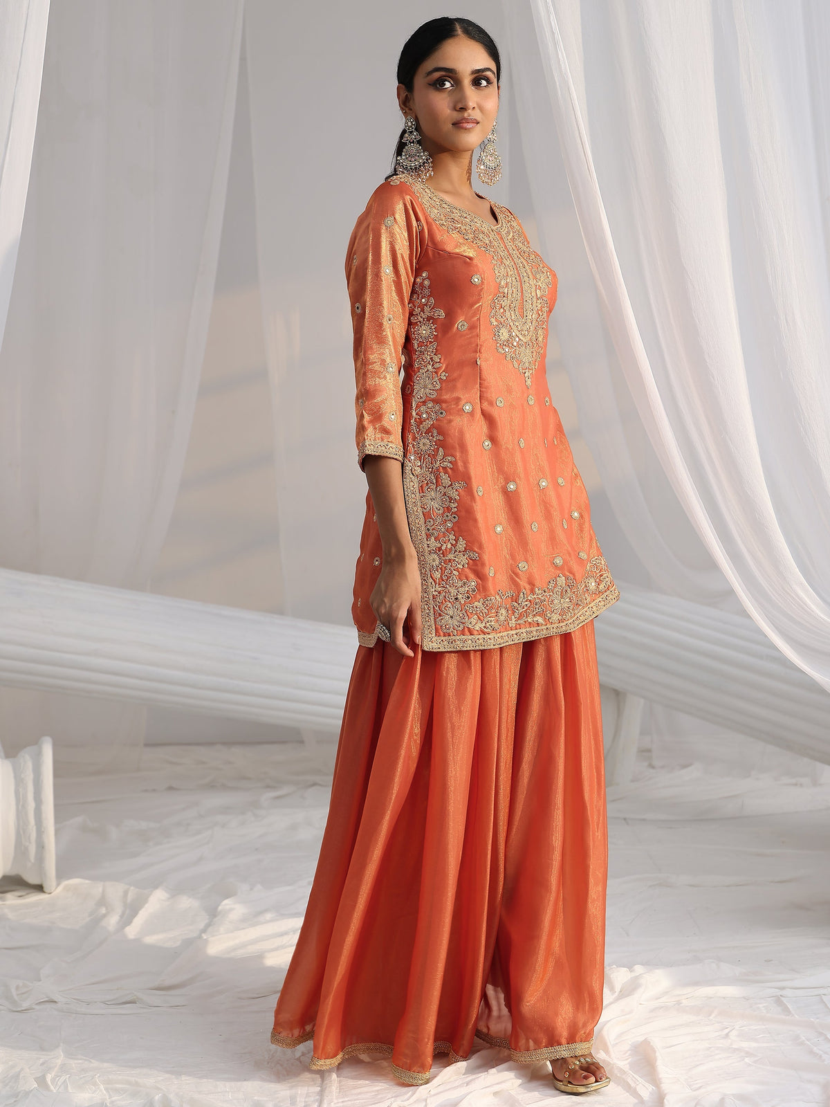 Anouk Art Orange Embellished Silk Blend Palazzo Suit Set