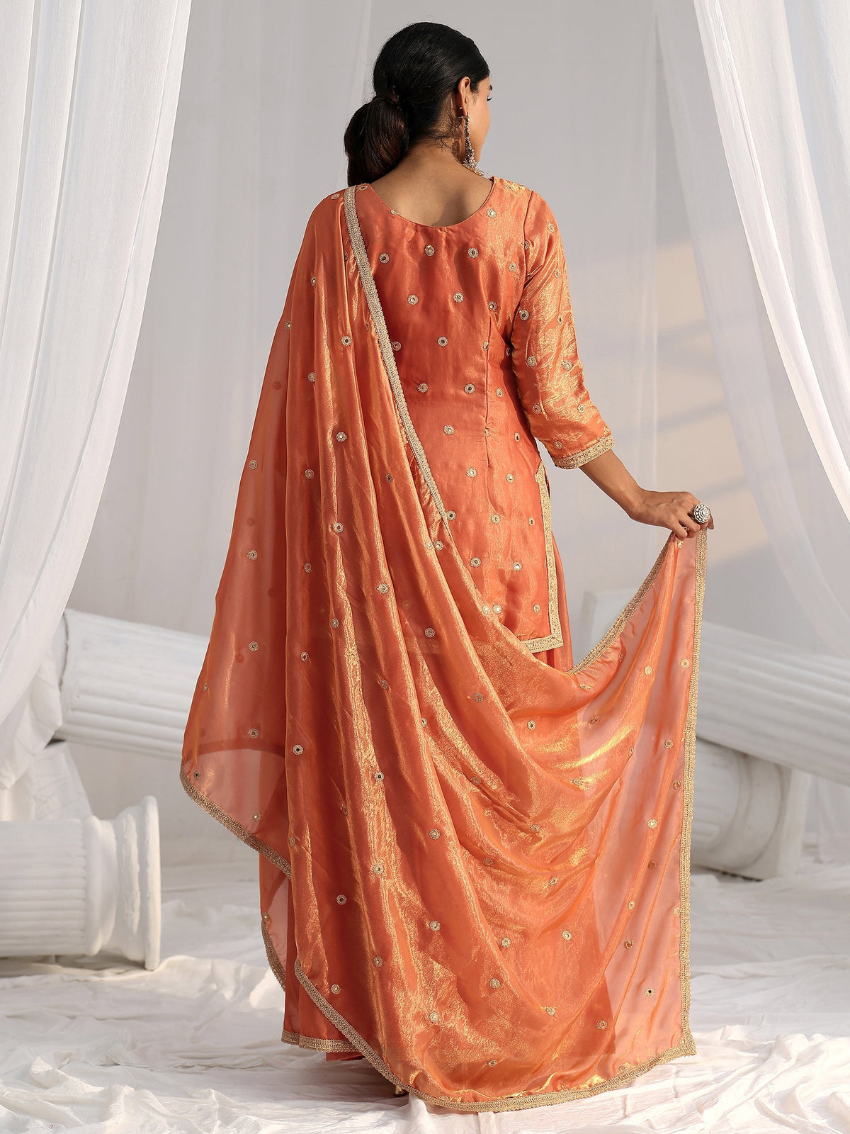 Anouk Art Orange Embellished Silk Blend Palazzo Suit Set