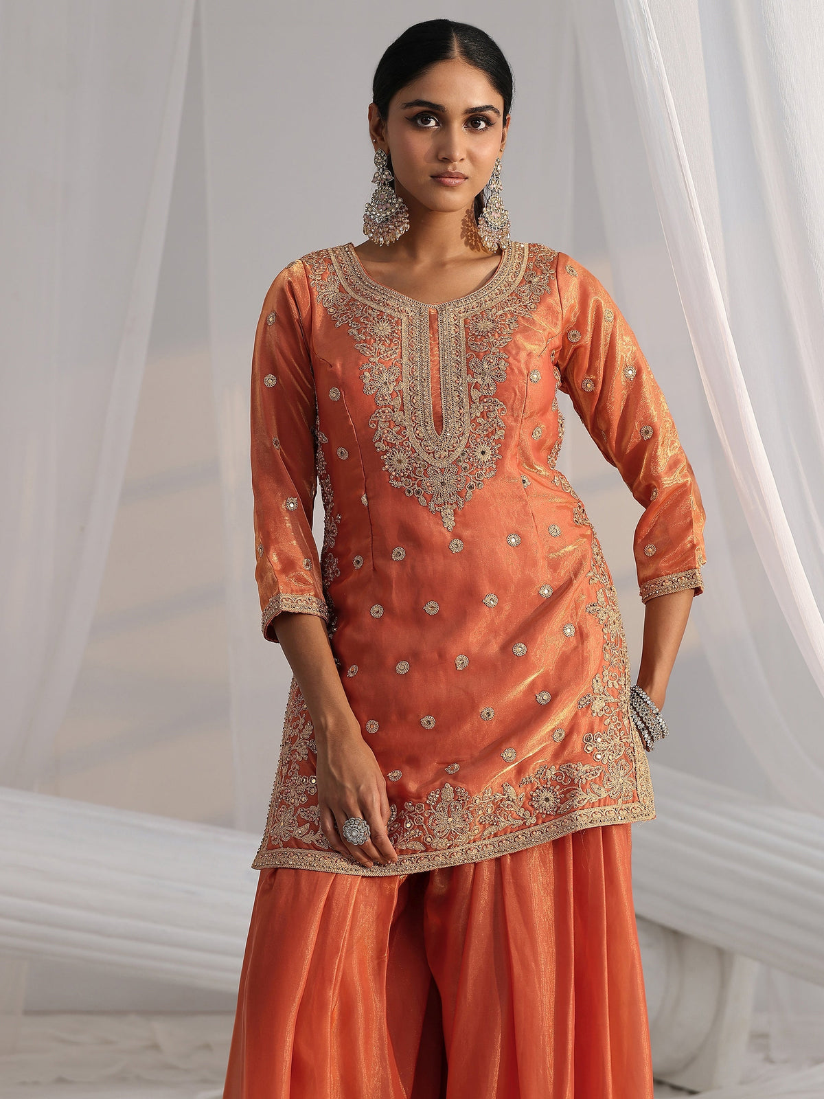 Anouk Art Orange Embellished Silk Blend Palazzo Suit Set