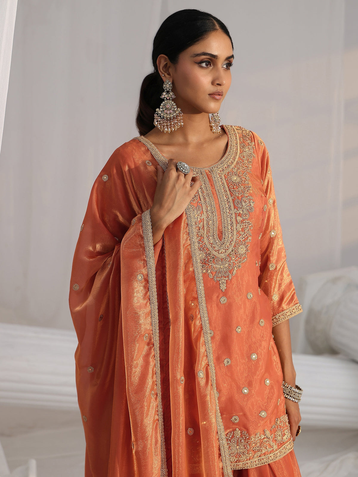 Anouk Art Orange Embellished Silk Blend Palazzo Suit Set
