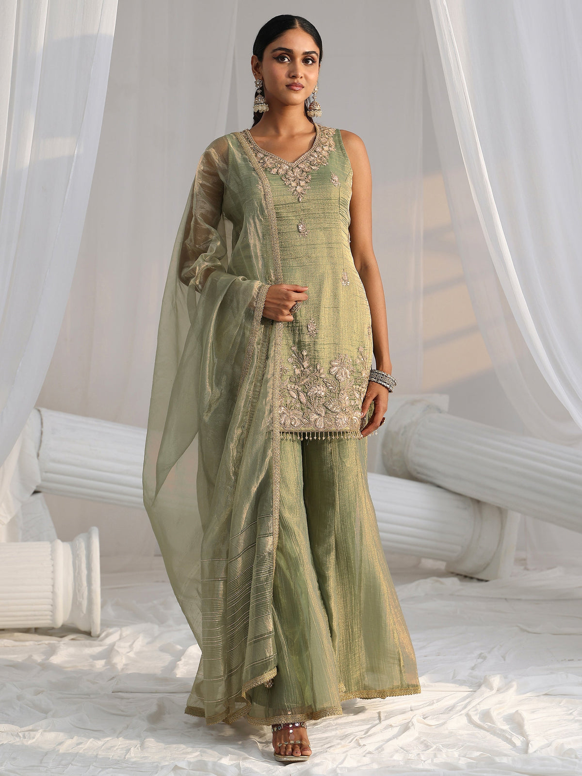 Anouk Art Olive Green Embroidered Sleeveless Tissue Sharara Suit Set