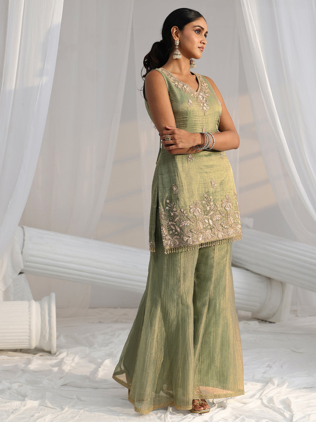 Anouk Art Olive Green Embroidered Sleeveless Tissue Sharara Suit Set