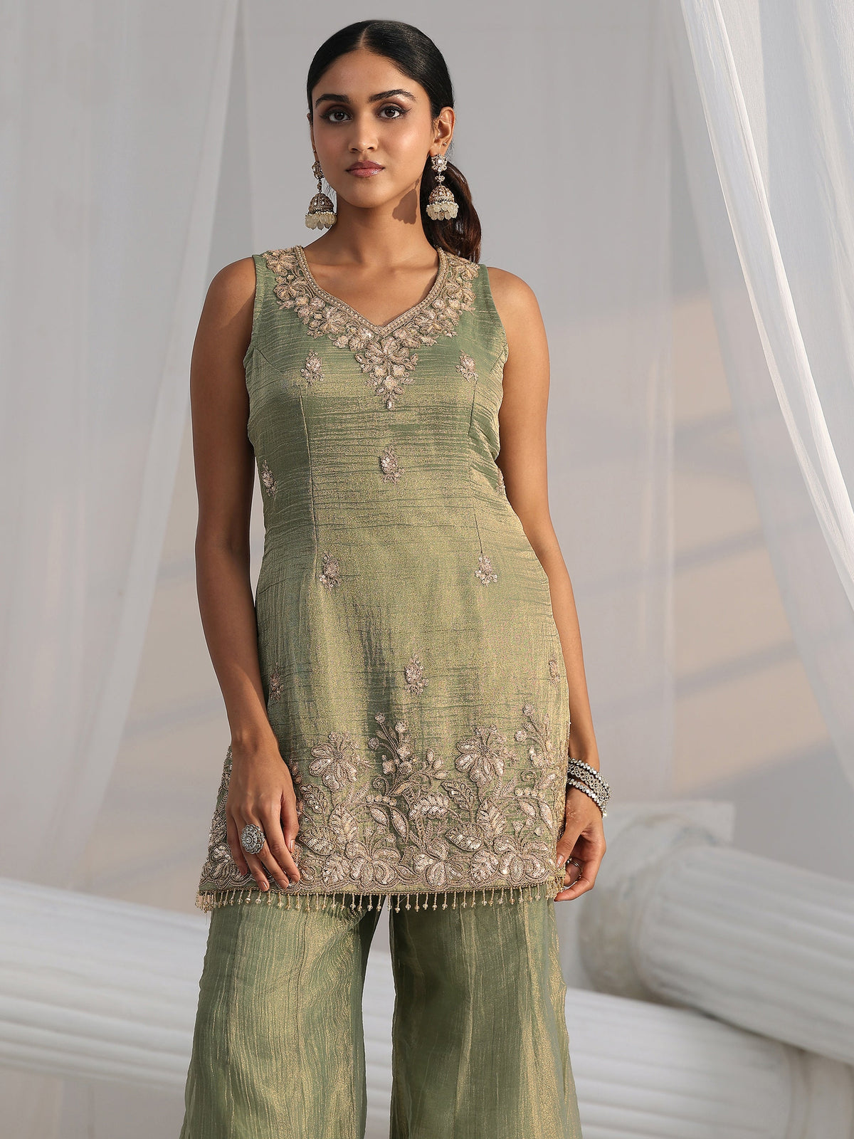 Anouk Art Olive Green Embroidered Sleeveless Tissue Sharara Suit Set