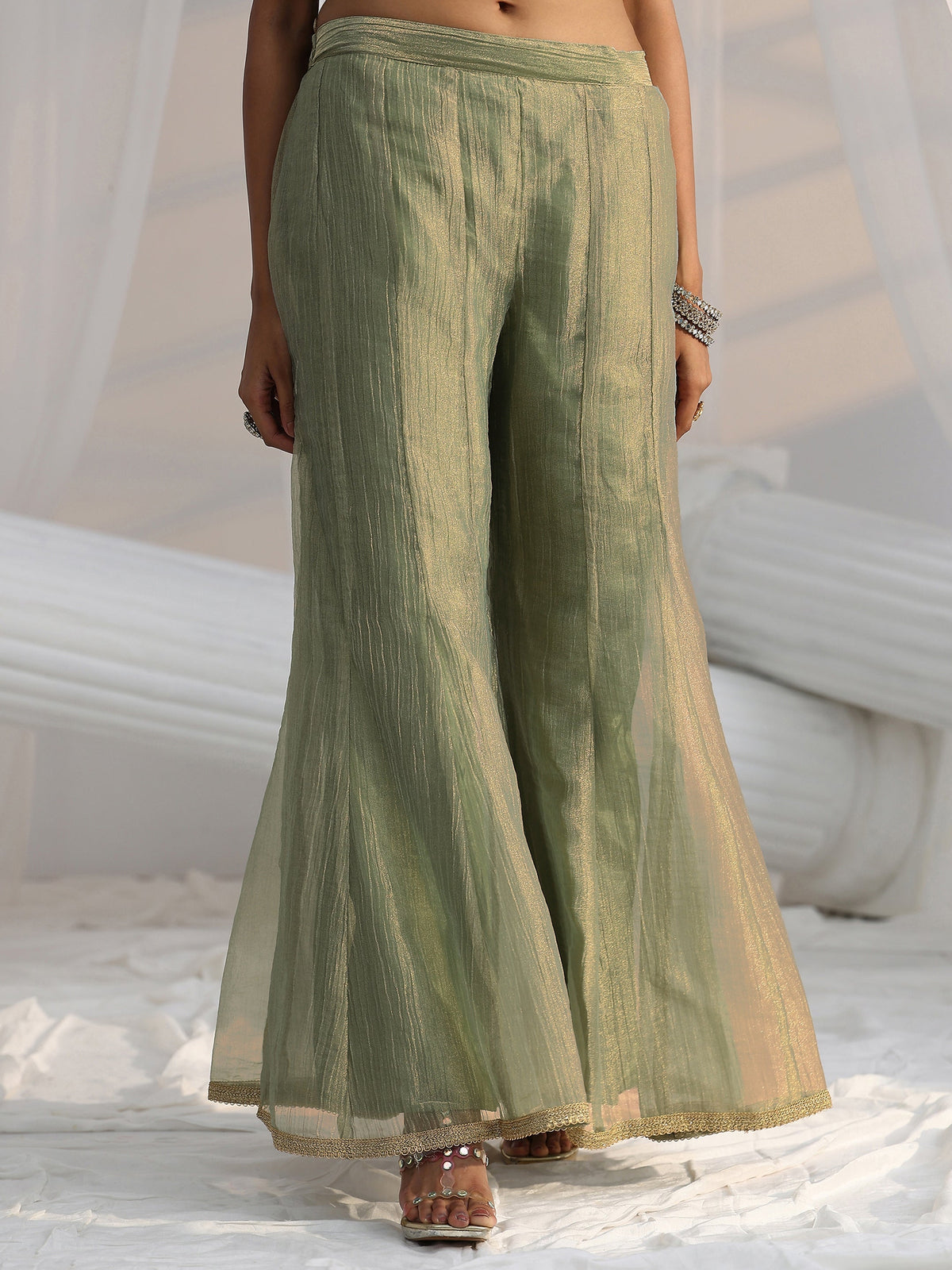 Anouk Art Olive Green Embroidered Sleeveless Tissue Sharara Suit Set
