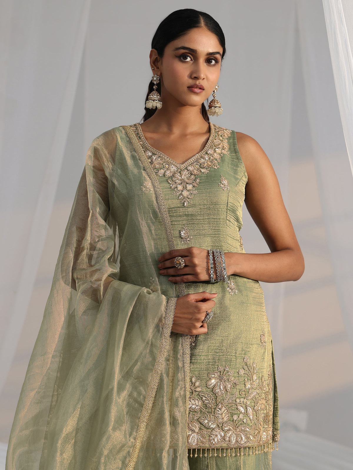 Anouk Art Olive Green Embroidered Sleeveless Tissue Sharara Suit Set