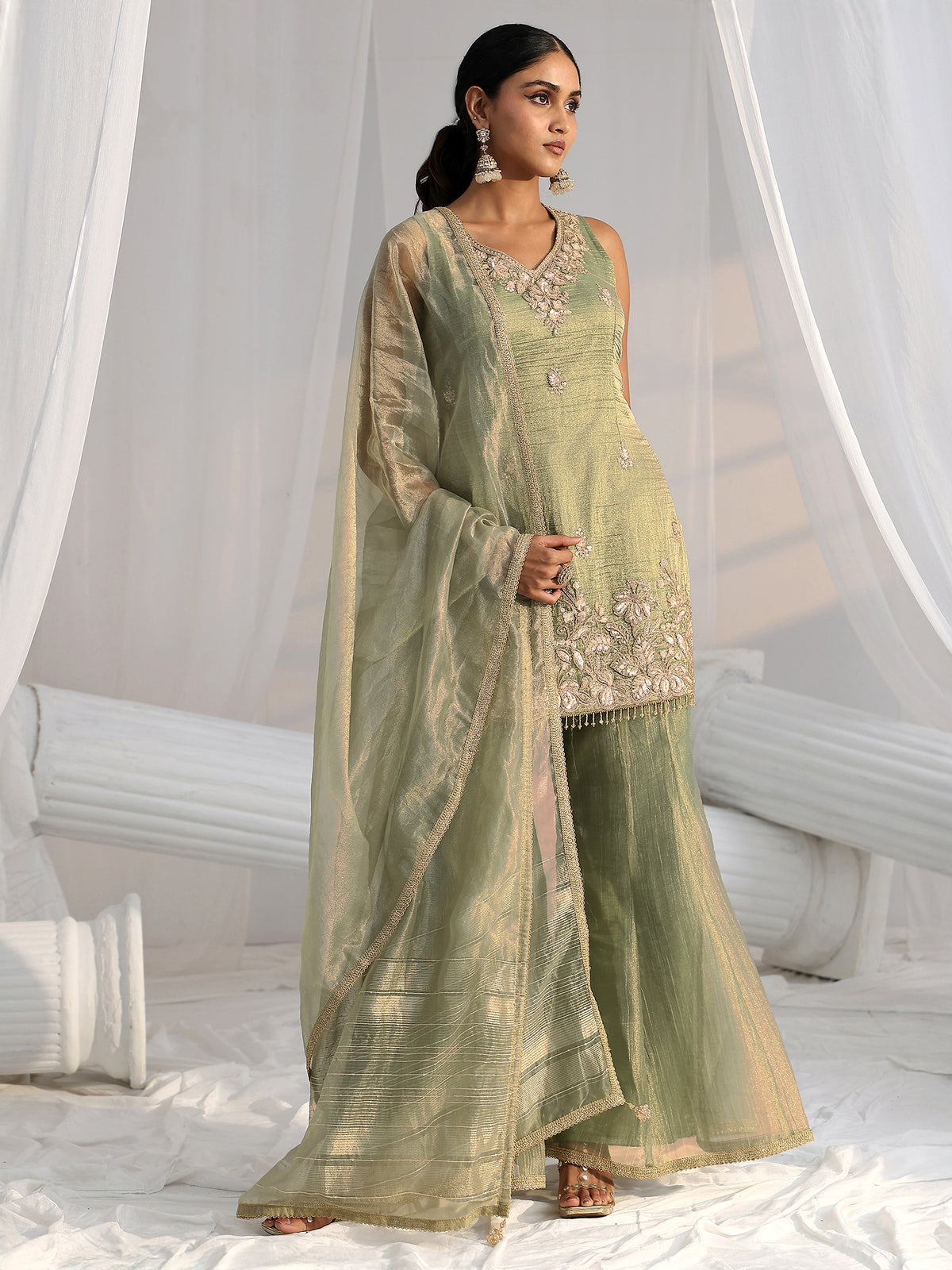 Anouk Art Olive Green Embroidered Sleeveless Tissue Sharara Suit Set