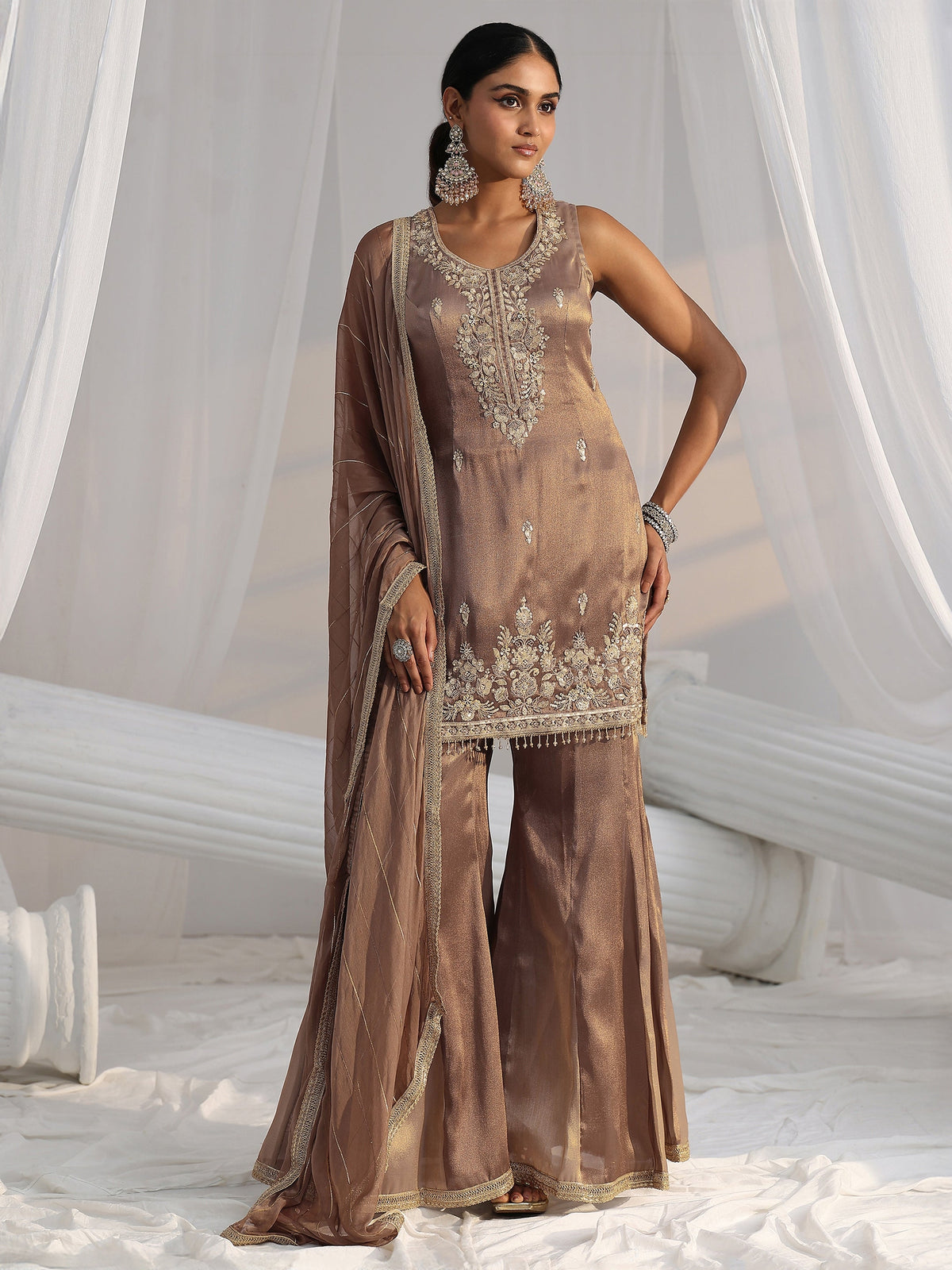 Anouk Art Taupe Grey Embroidered Sleeveless Tissue Sharara Suit Set