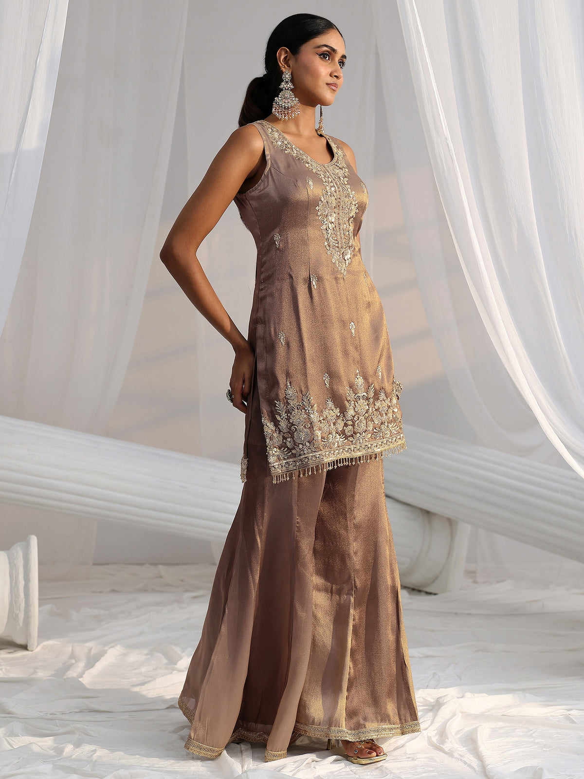 Anouk Art Taupe Grey Embroidered Sleeveless Tissue Sharara Suit Set