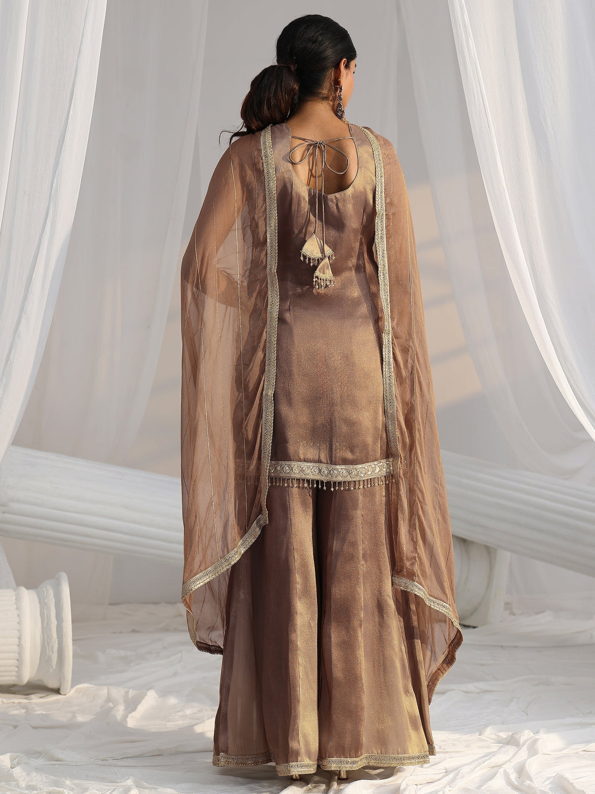 Anouk Art Taupe Grey Embroidered Sleeveless Tissue Sharara Suit Set