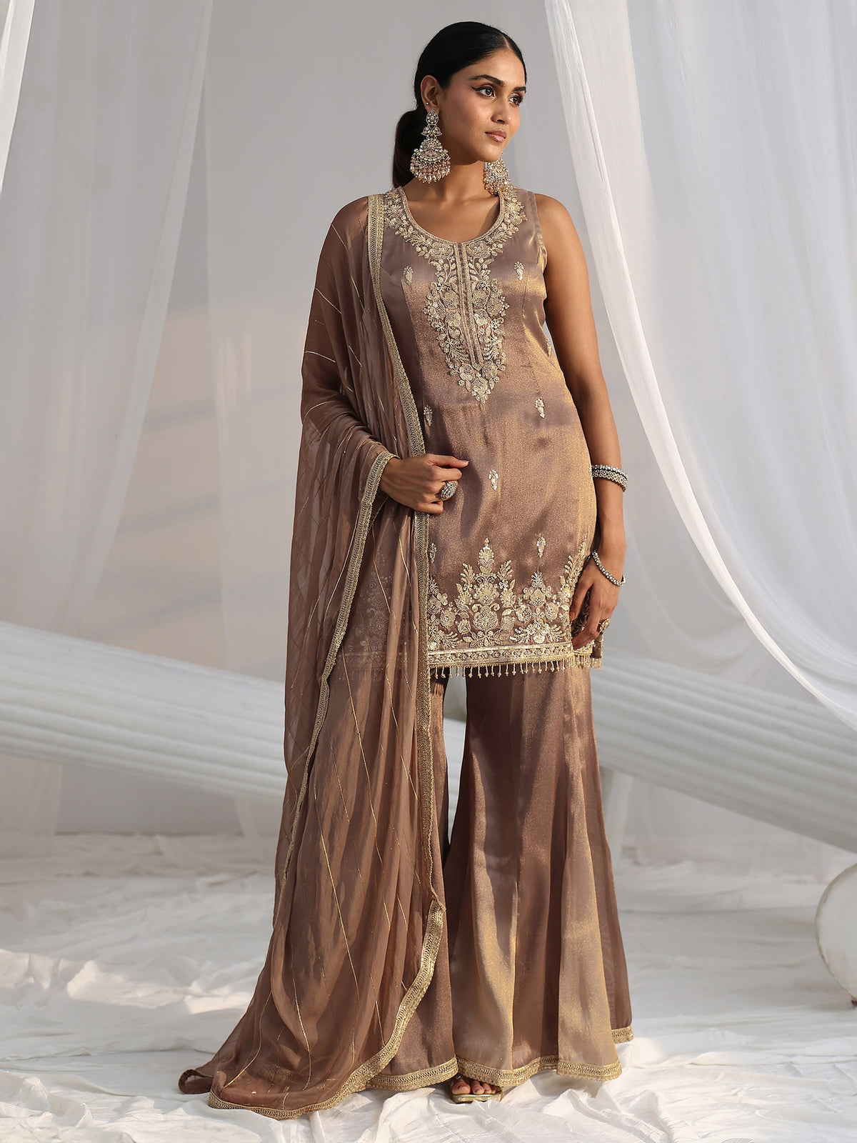 Anouk Art Taupe Grey Embroidered Sleeveless Tissue Sharara Suit Set