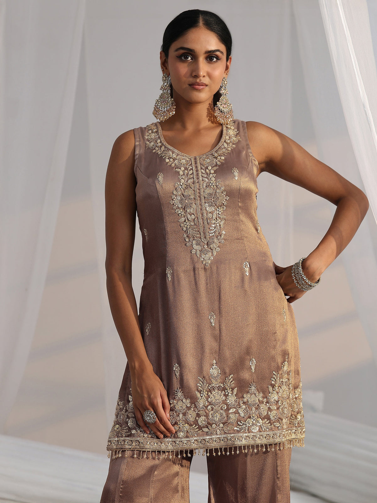 Anouk Art Taupe Grey Embroidered Sleeveless Tissue Sharara Suit Set