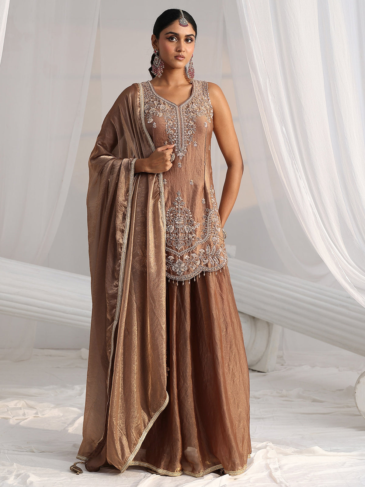 Anouk Art Mocha Brown Floral Embellished Silk Blend Palazzo Suit Set