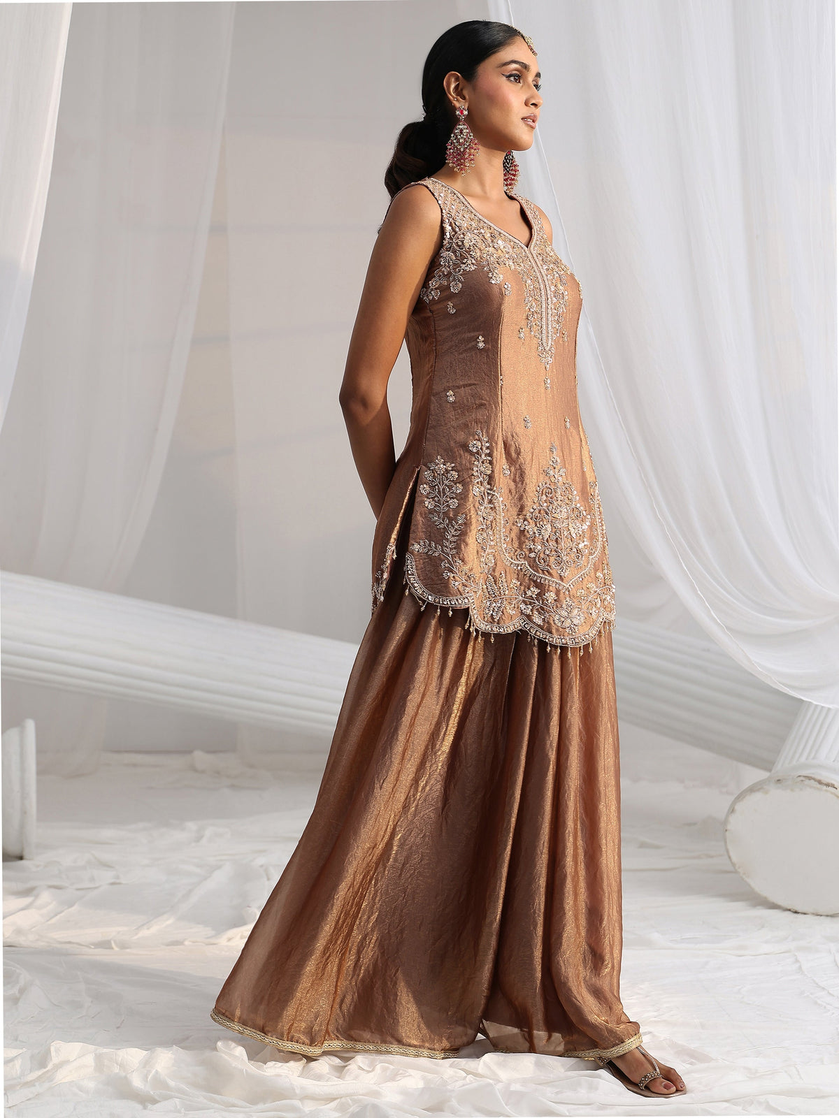 Anouk Art Mocha Brown Floral Embellished Silk Blend Palazzo Suit Set